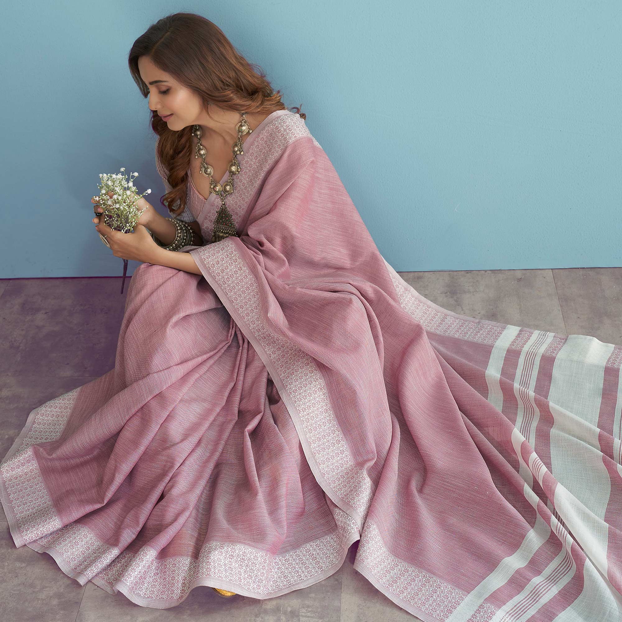 Pink Woven Linen Saree