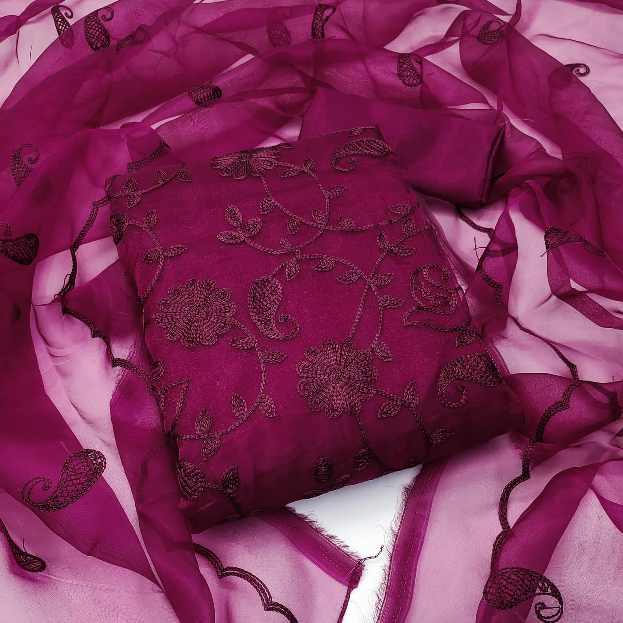 Wine Floral Embroidered Organza Dress Material