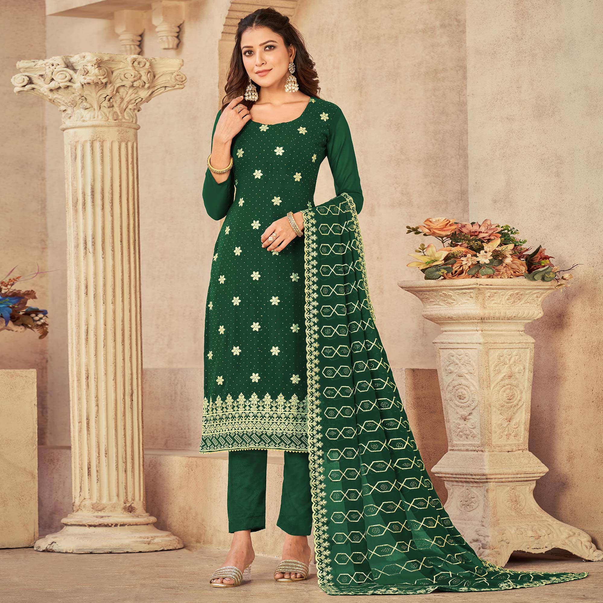 Green Embroidered Georgette Suit