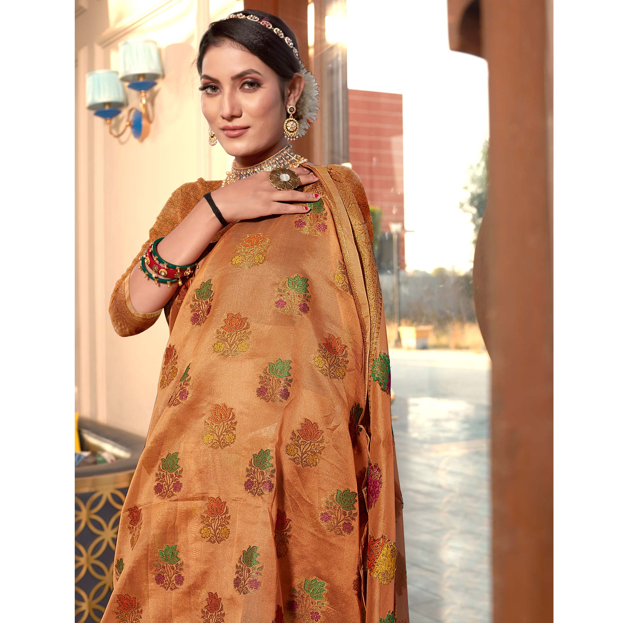 Peach Floral Woven Organza Saree