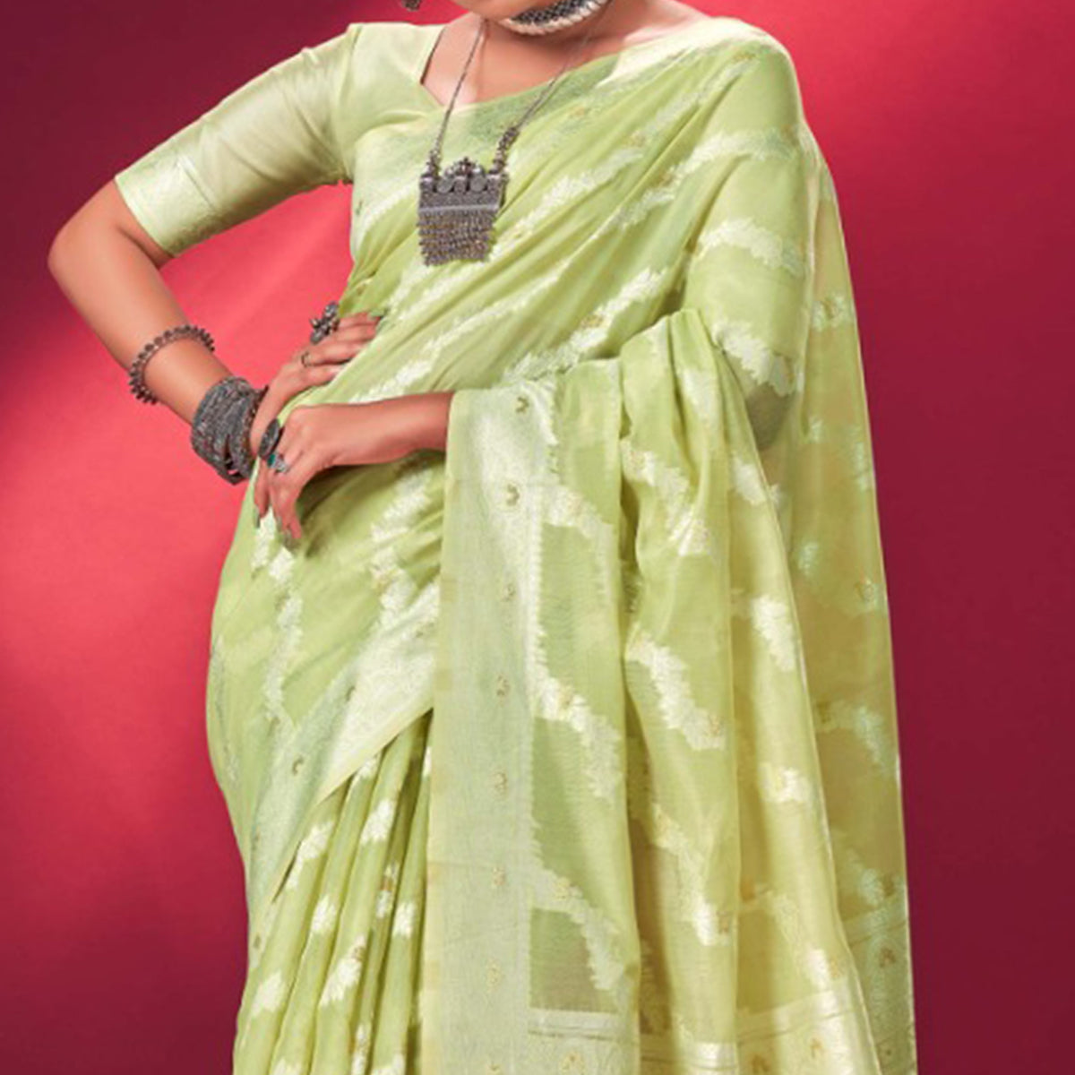 Mint Green Woven Cotton Silk Saree With Tassels