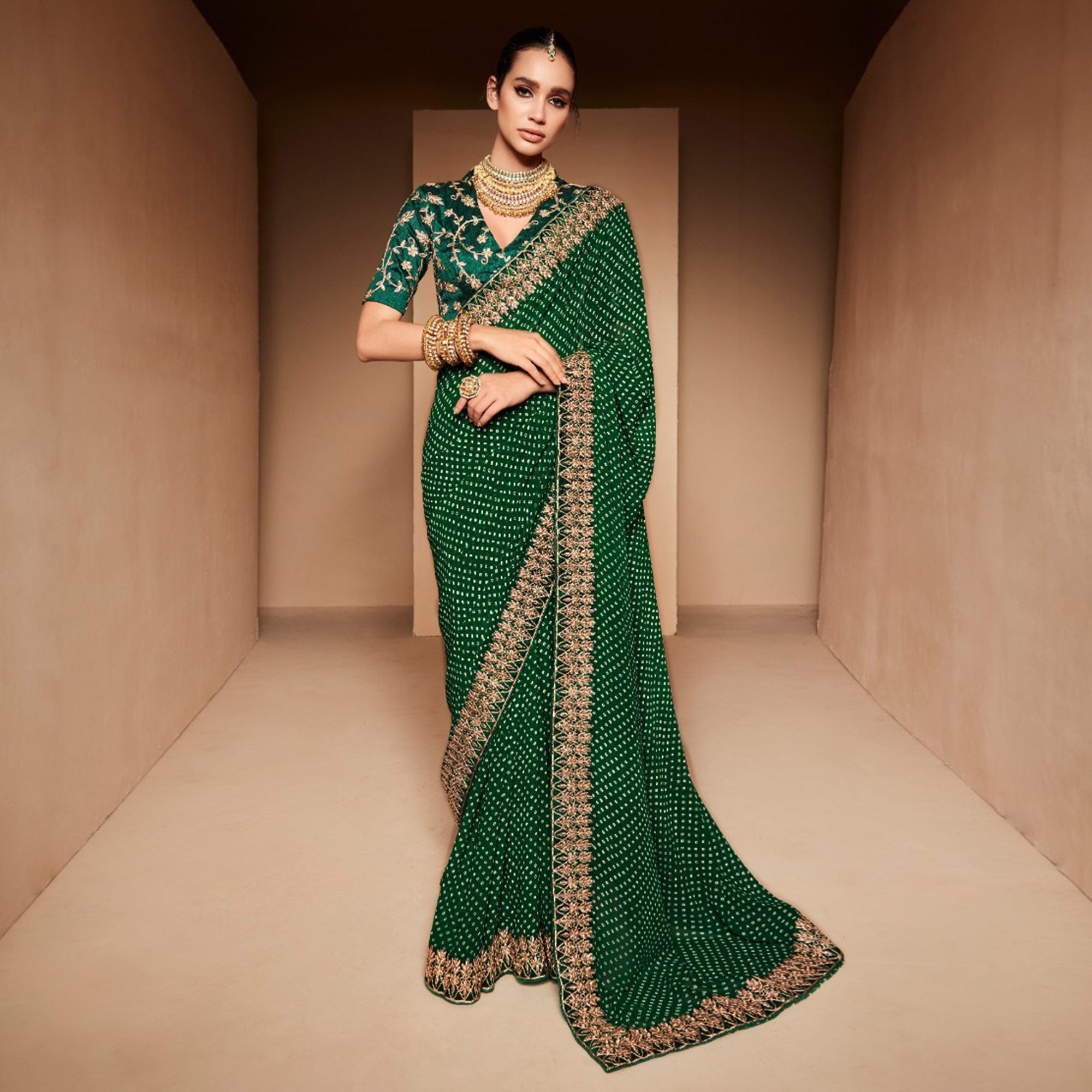 Green Bandhani Printed With Embroidered Border Georgette Saree