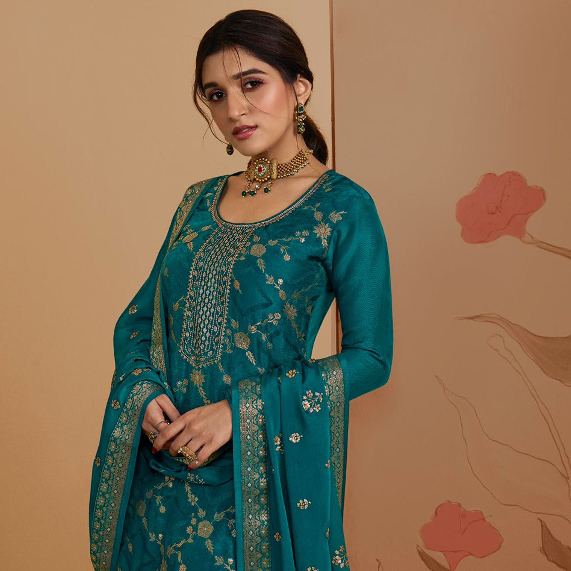Rama Blue Woven And Embroidered Dola Silk Palazzo Suit