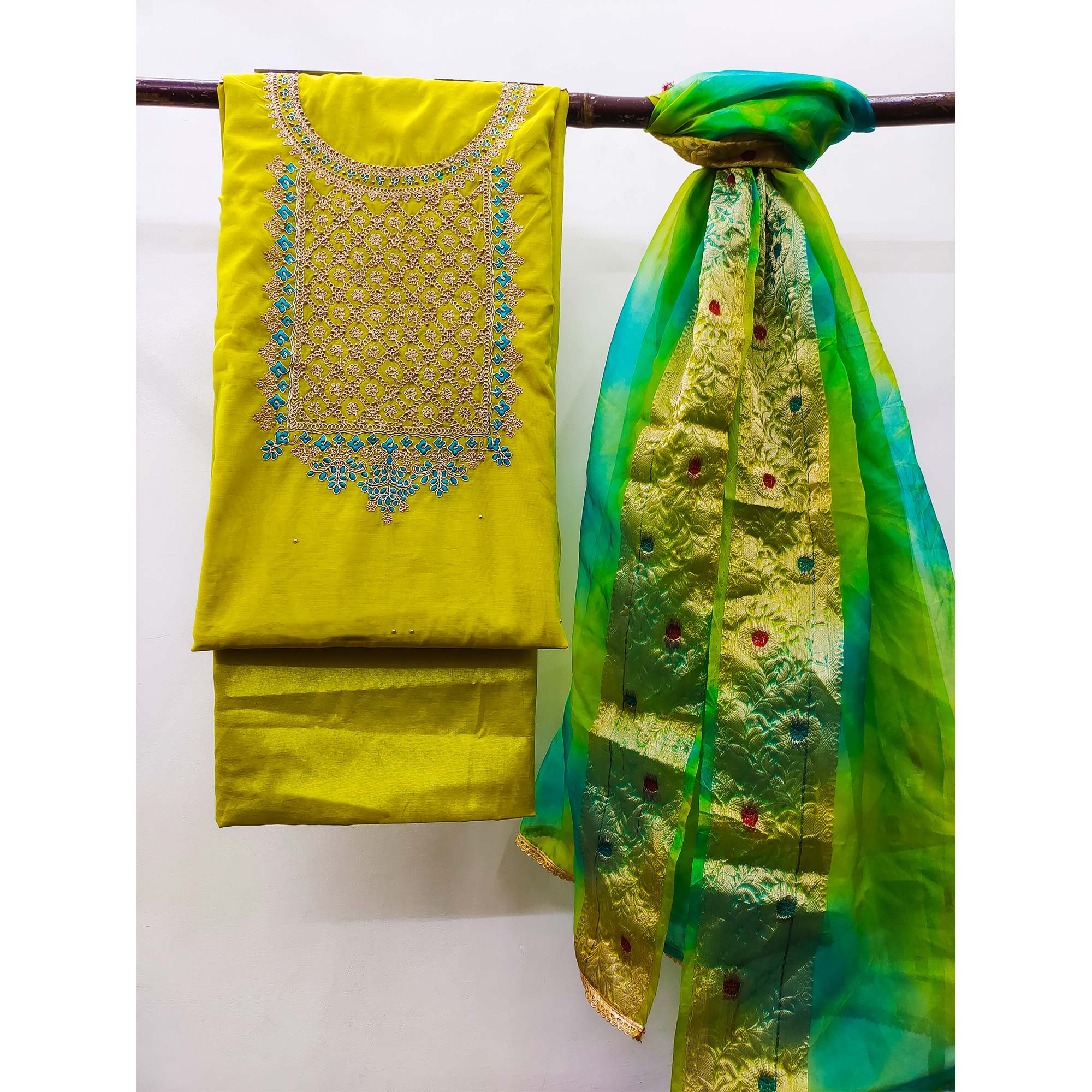 Lemon Green Embroidered Modal Dress Material