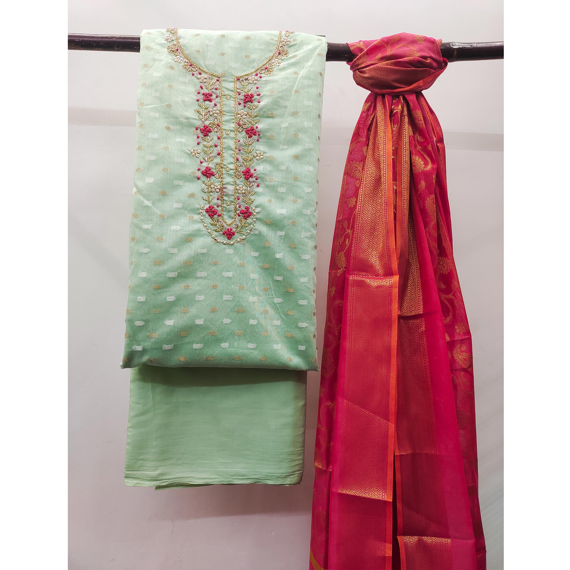 Pastel Green Woven Banarasi Silk Dress Material