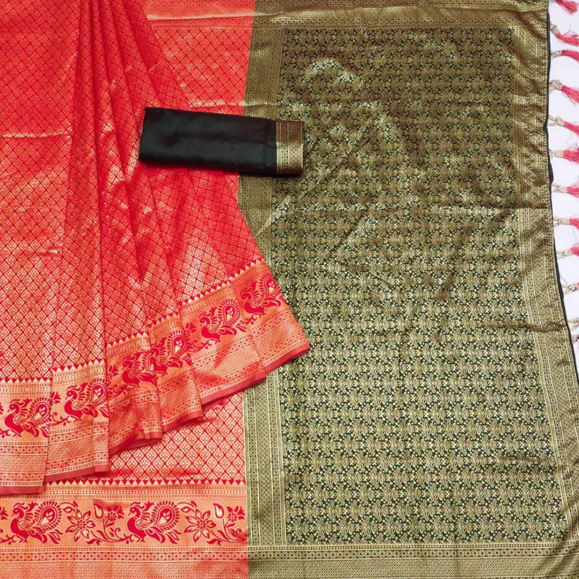 Red Woven Jacquard Saree With Tassels