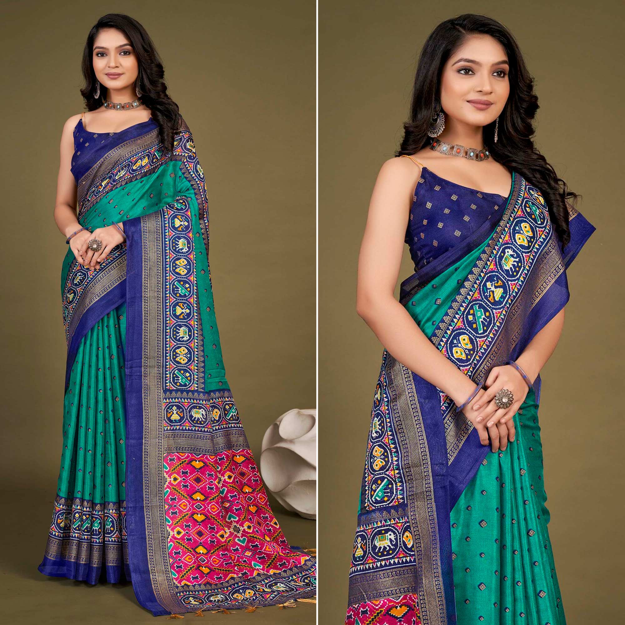Blue Printed Jute Patola Saree With Tassels