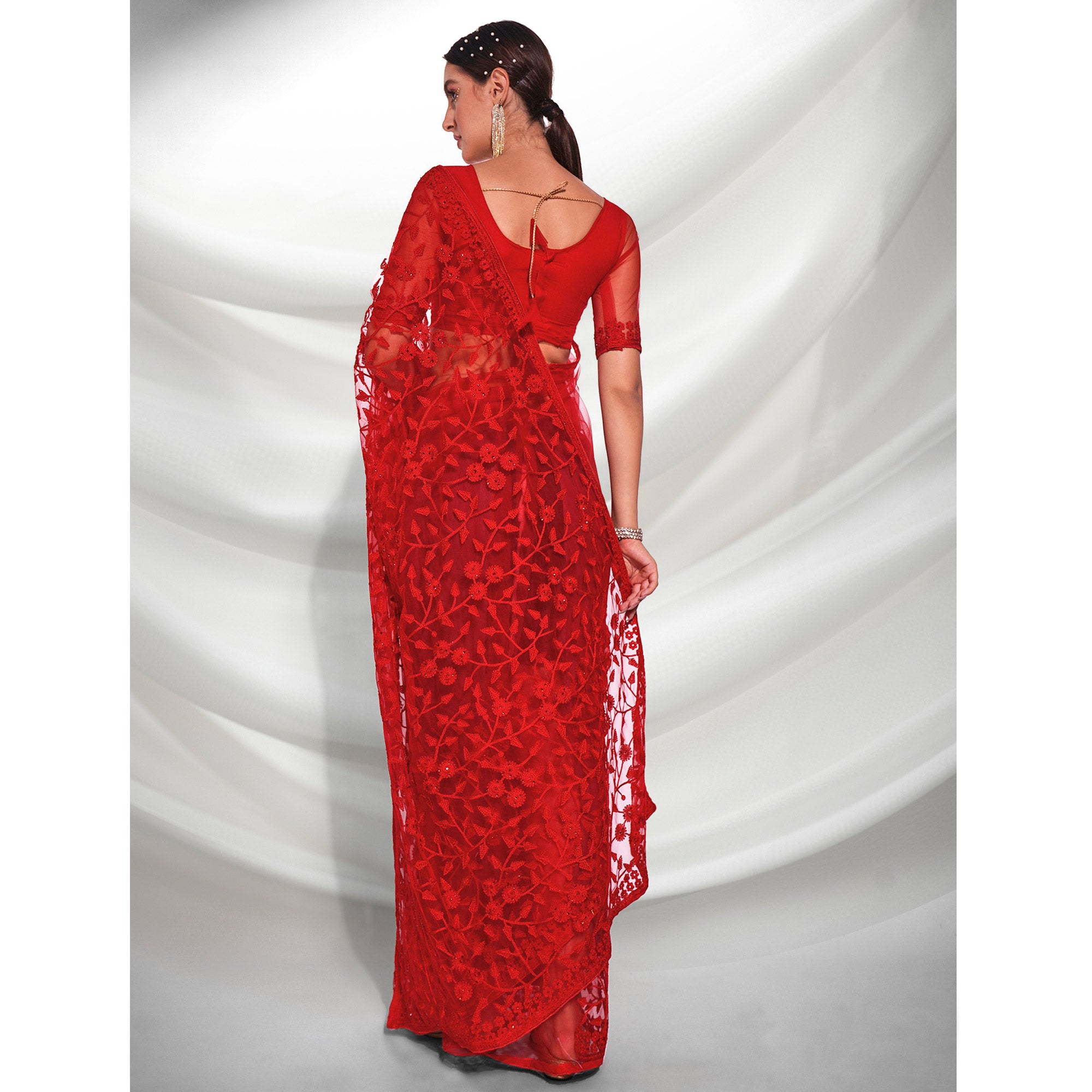 Red Floral Embroidered Soft Net Saree