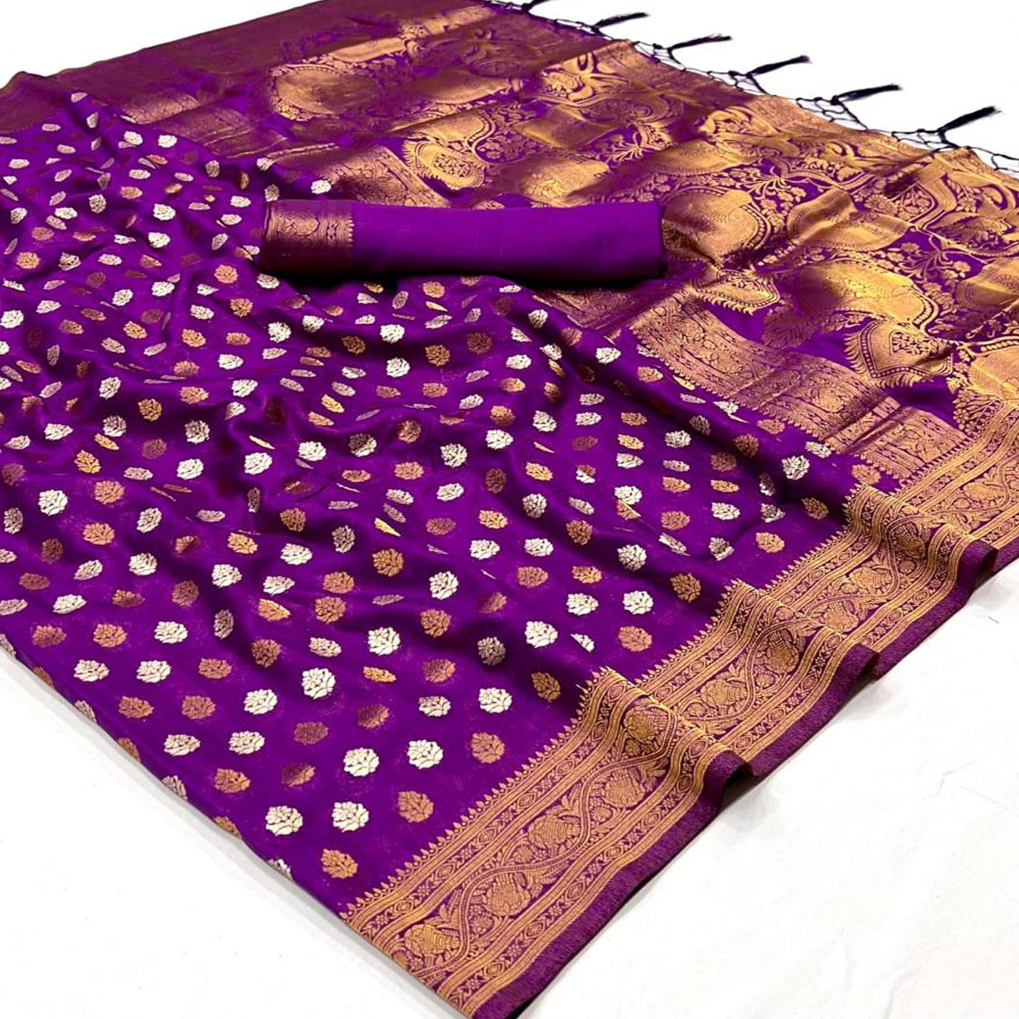 Purple Woven Khadi Silk Saree With Tassels