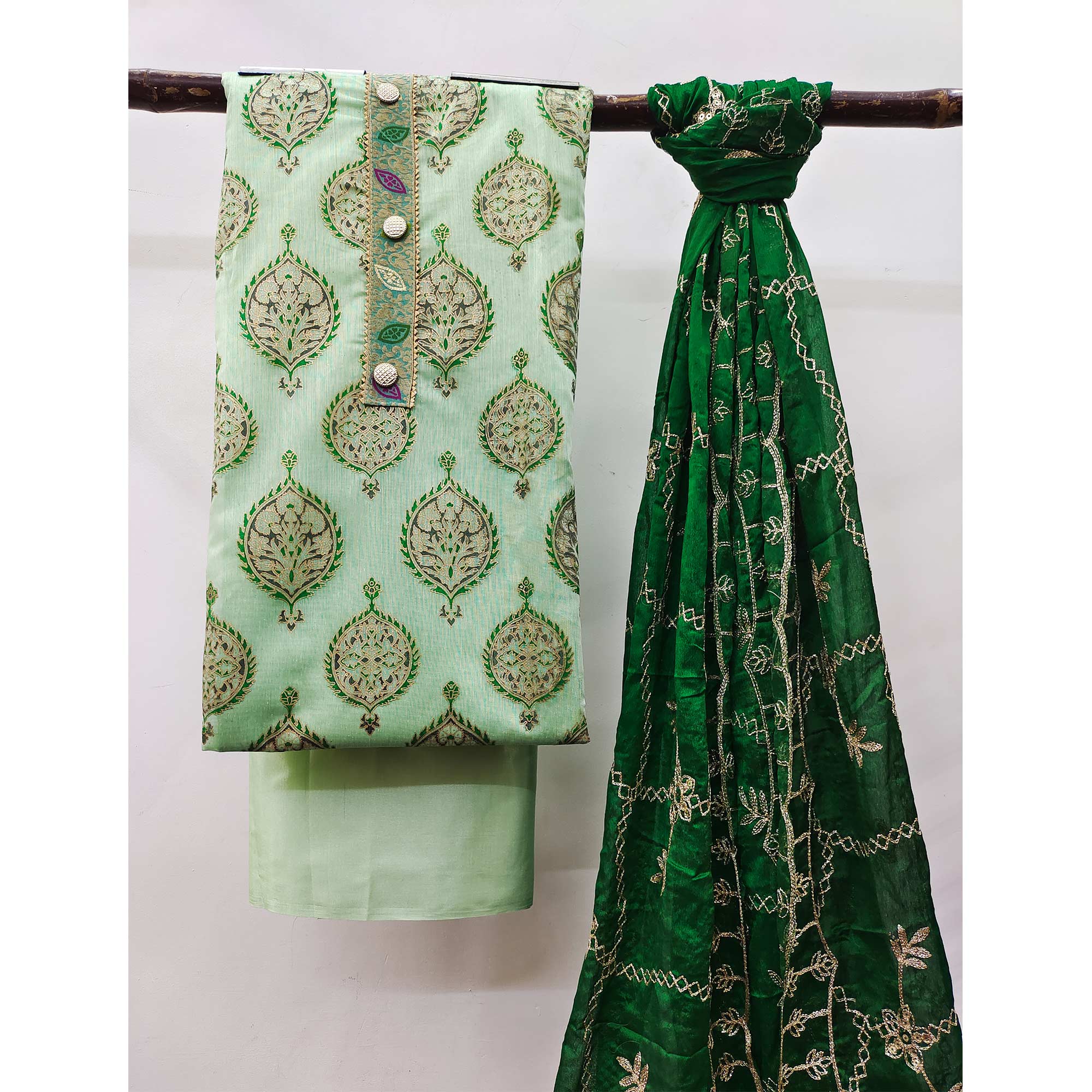 Green Embroidered Chanderi Dress Material