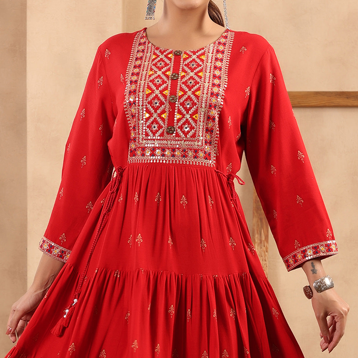 Red Printed With Embroidered Rayon Gown