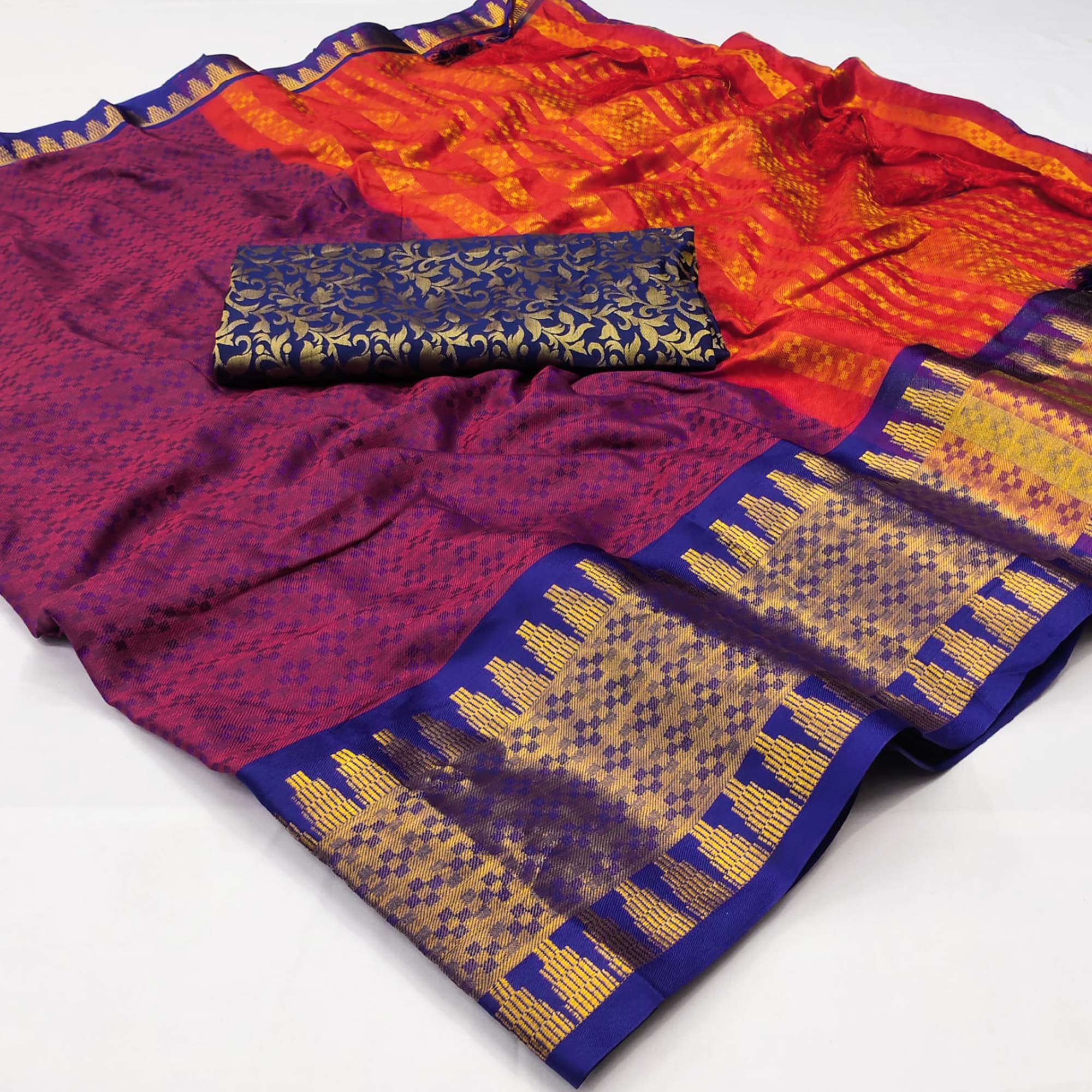 Purple Woven Cotton Silk Saree With Tassels