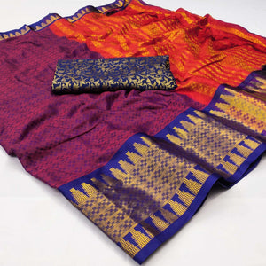 Purple Woven Cotton Silk Saree With Tassels
