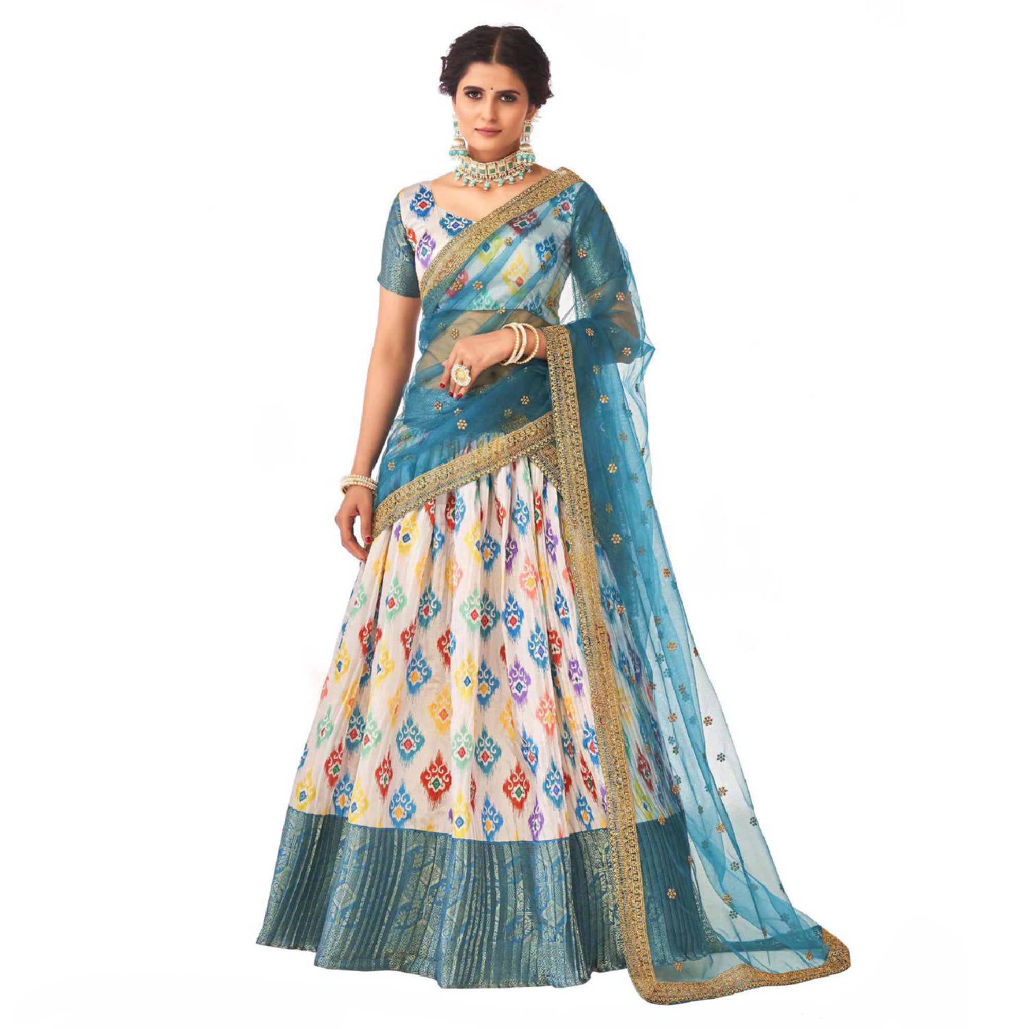 Offwhite Digital Printed With Zari Work Art Silk Lehenga Choli