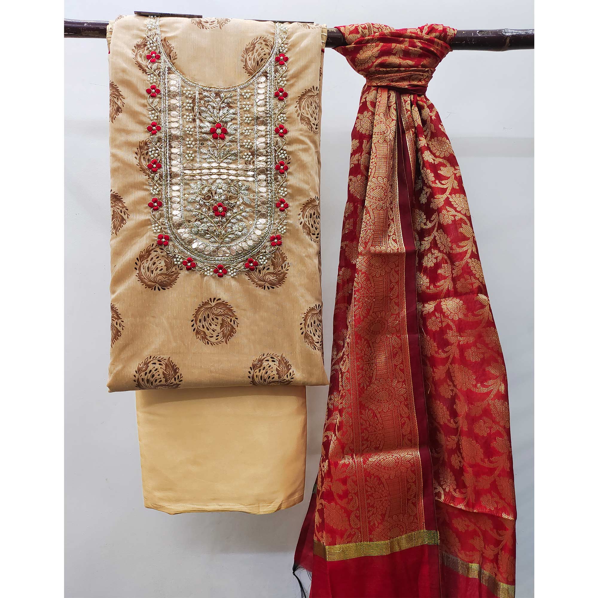 Beige Floral Printed With Handwork Modal Dress Material