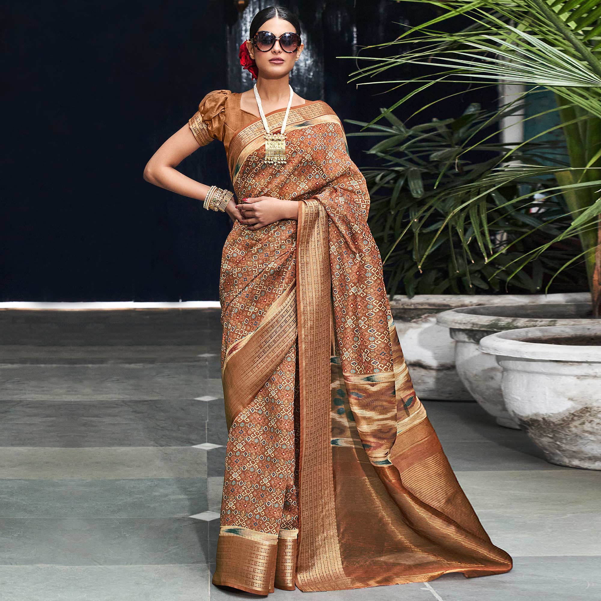 Brown Digital Printed Linen Saree
