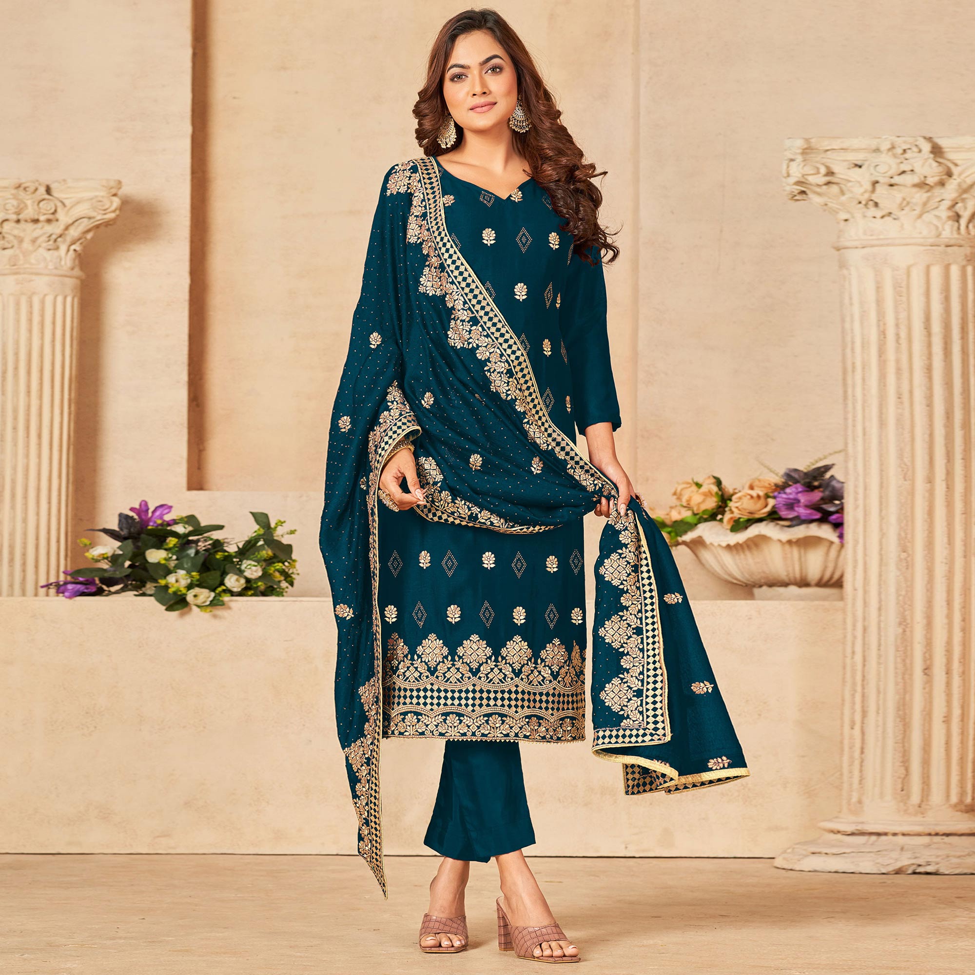 Rama Blue Embroidered Vichitra Silk Suit