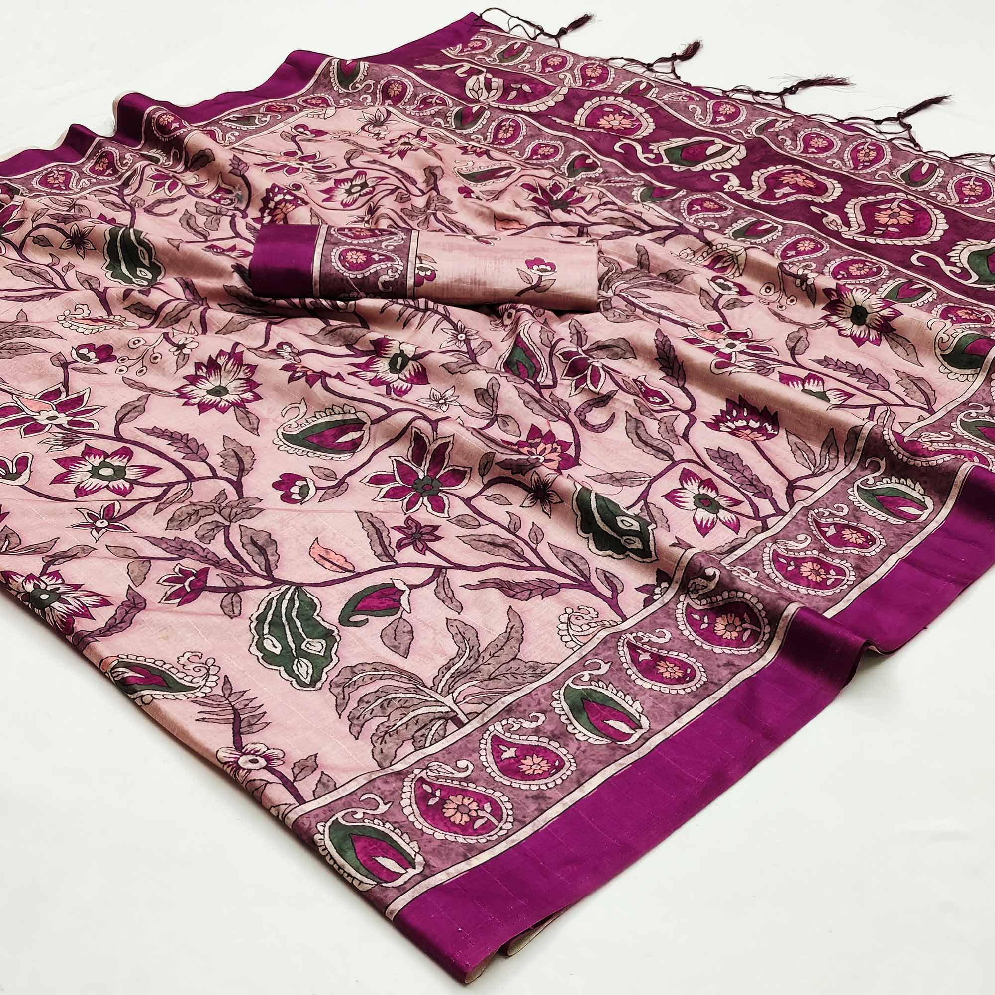 Pink Floral Digital Printed Tussar Silk Saree With Tassels