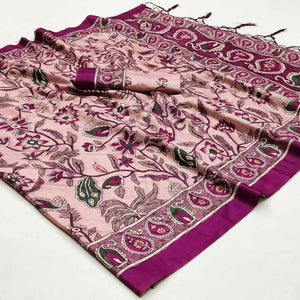 Pink Floral Digital Printed Tussar Silk Saree With Tassels