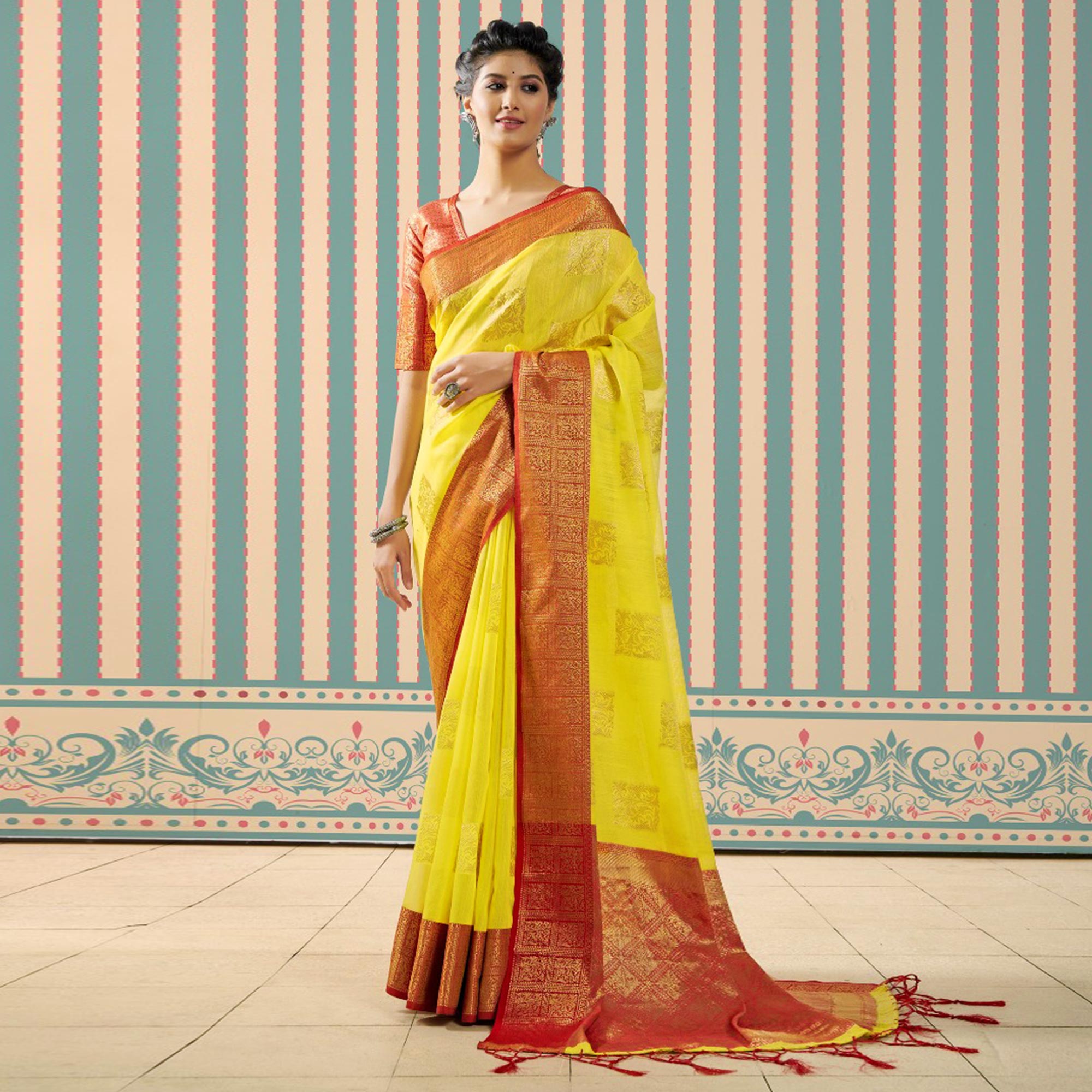 Yellow Woven Linen Saree With Tassels