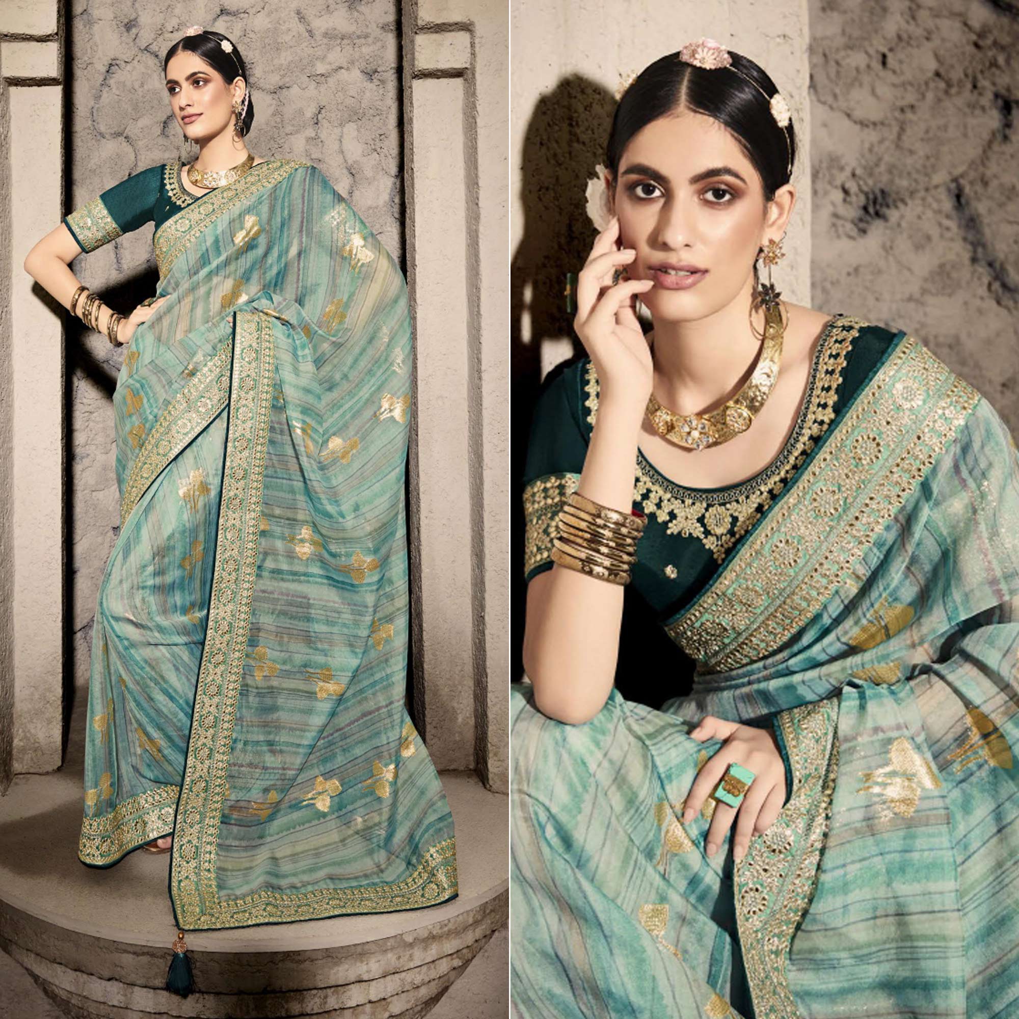 Rama Blue Woven With Embroidered Border Organza Saree