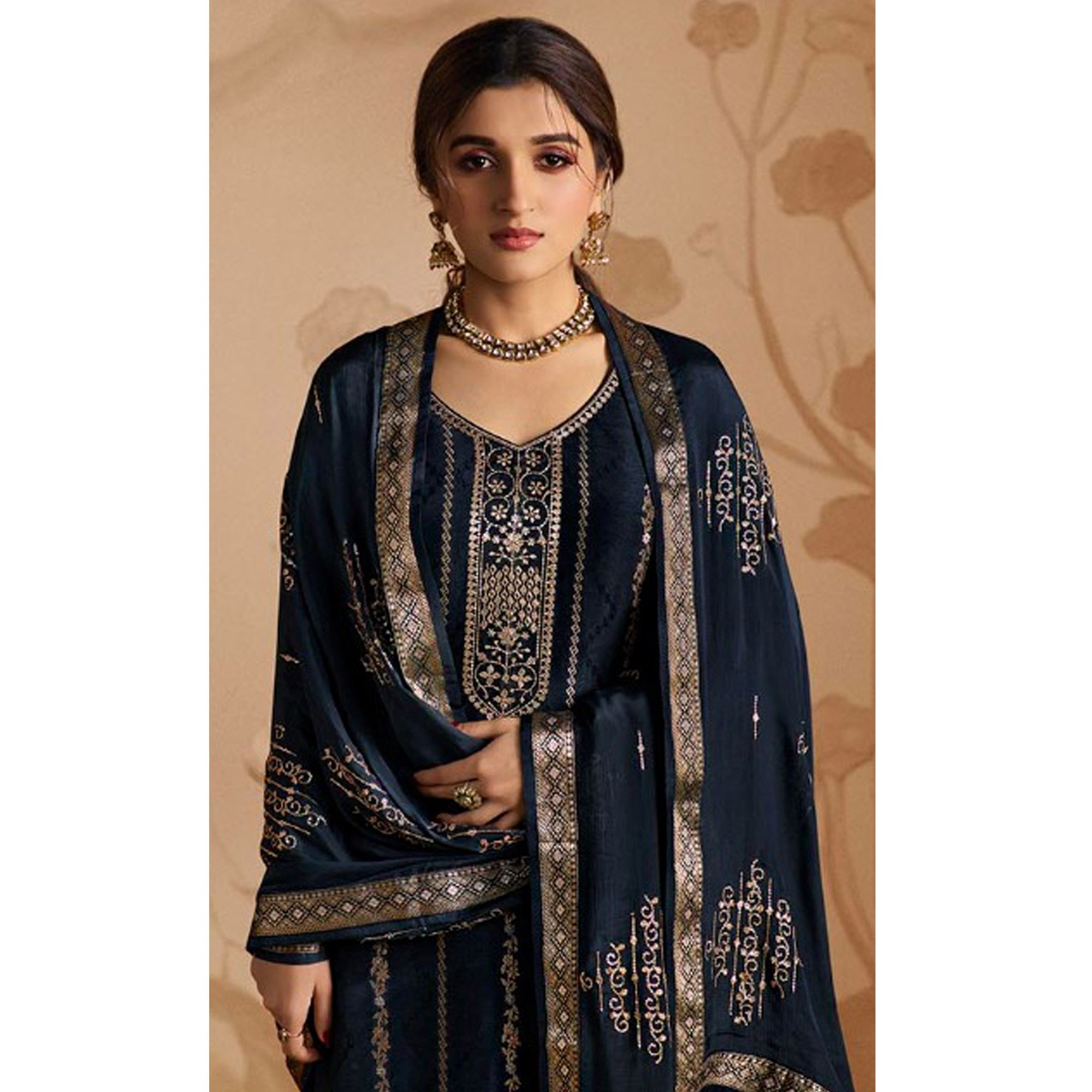 Navy Blue Woven And Embroidered Dola Silk Palazzo Suit