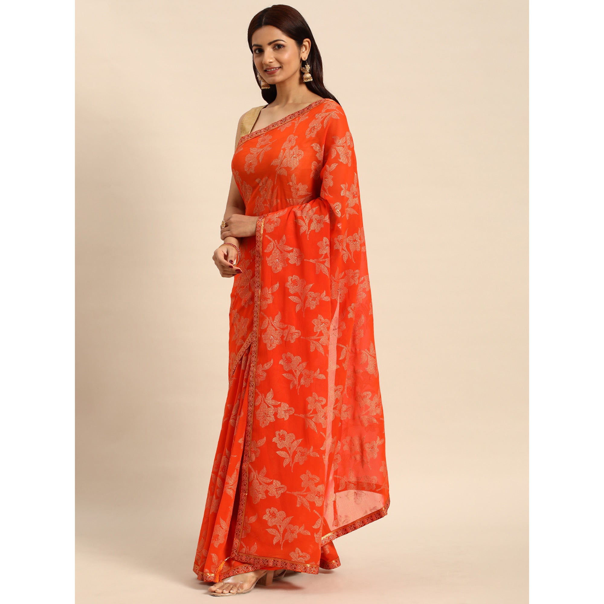 Orange Floral Foil Printed Zomato Saree