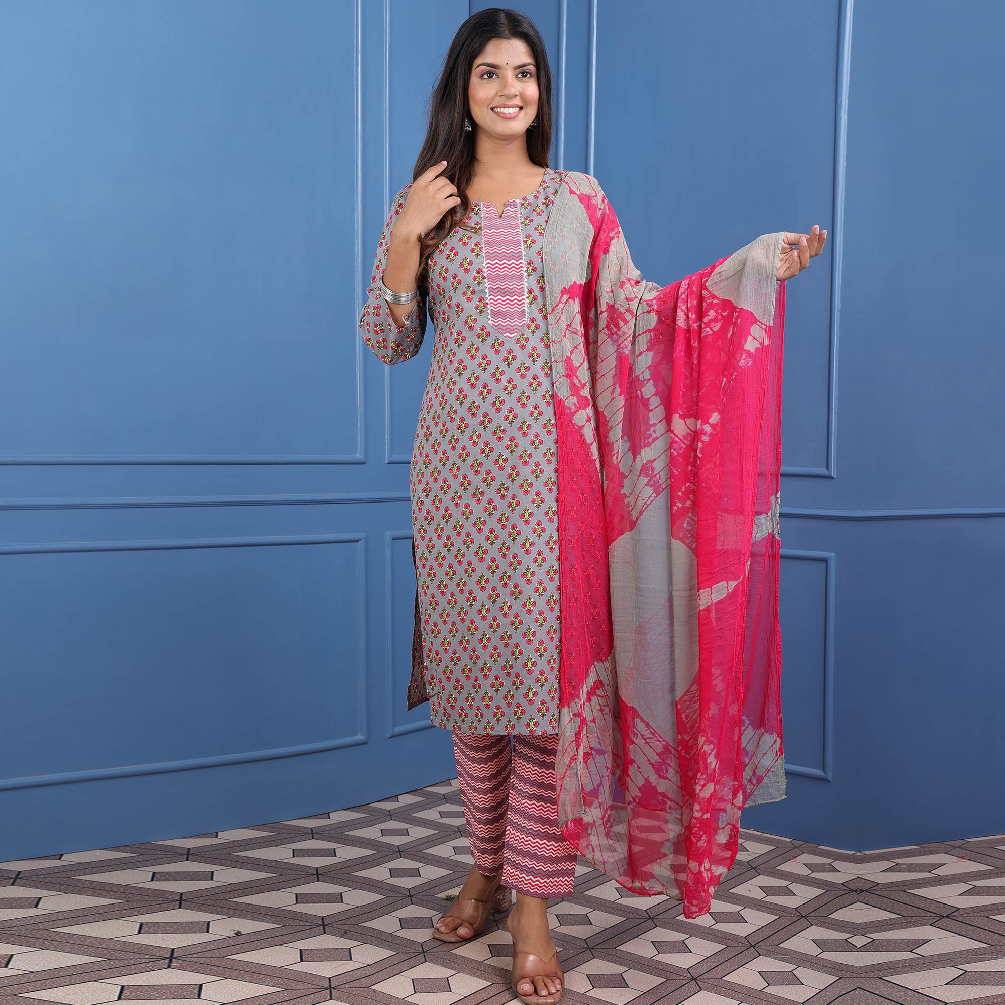 Grey Jaipuri Printed Pure Cotton Suit