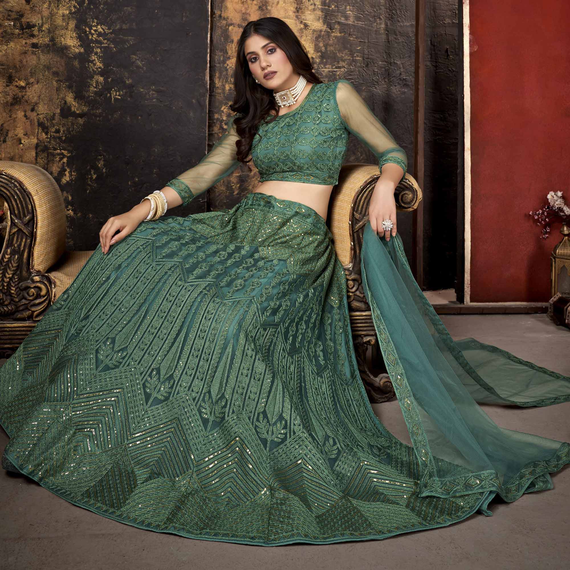 Green Sequins Embroidered Net Lehenga Choli