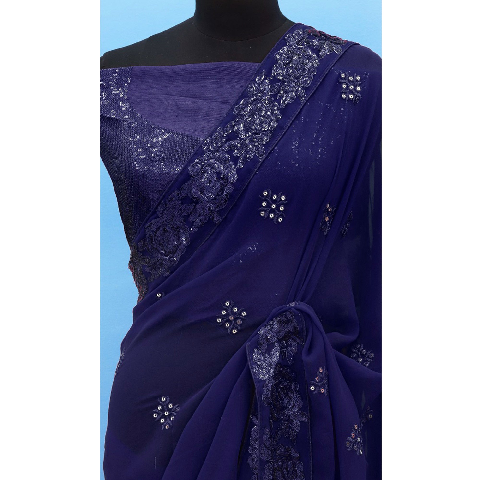 Navy Blue Sequins Emroidered Georgette Saree