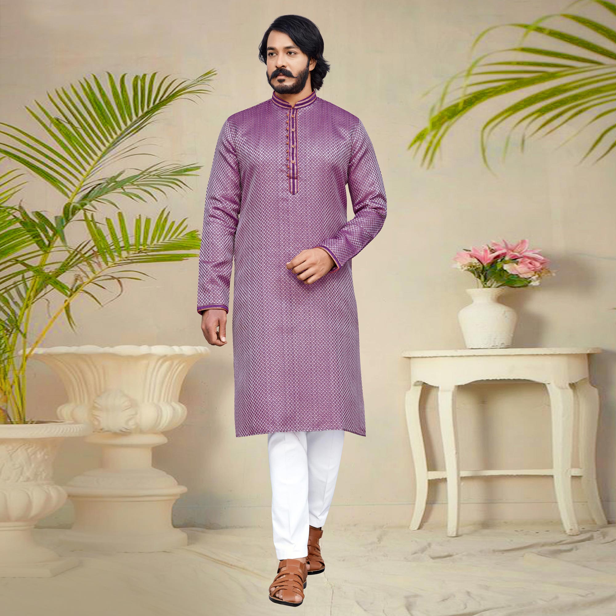 Purple Woven Jacquard Kurta Pyjama Set