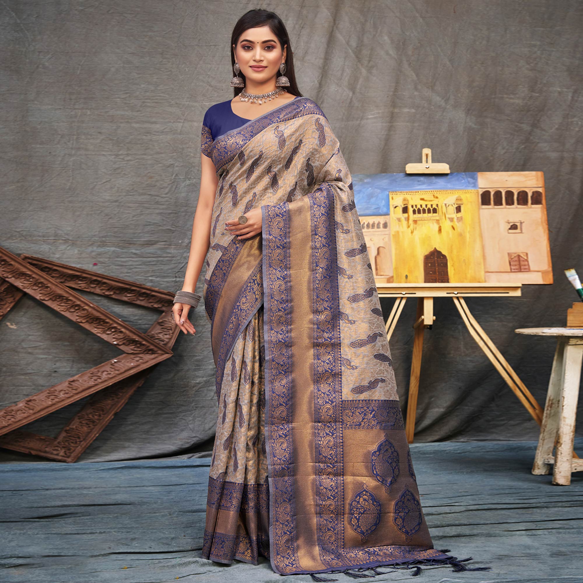 Navy Blue-Gold Woven Organza Saree