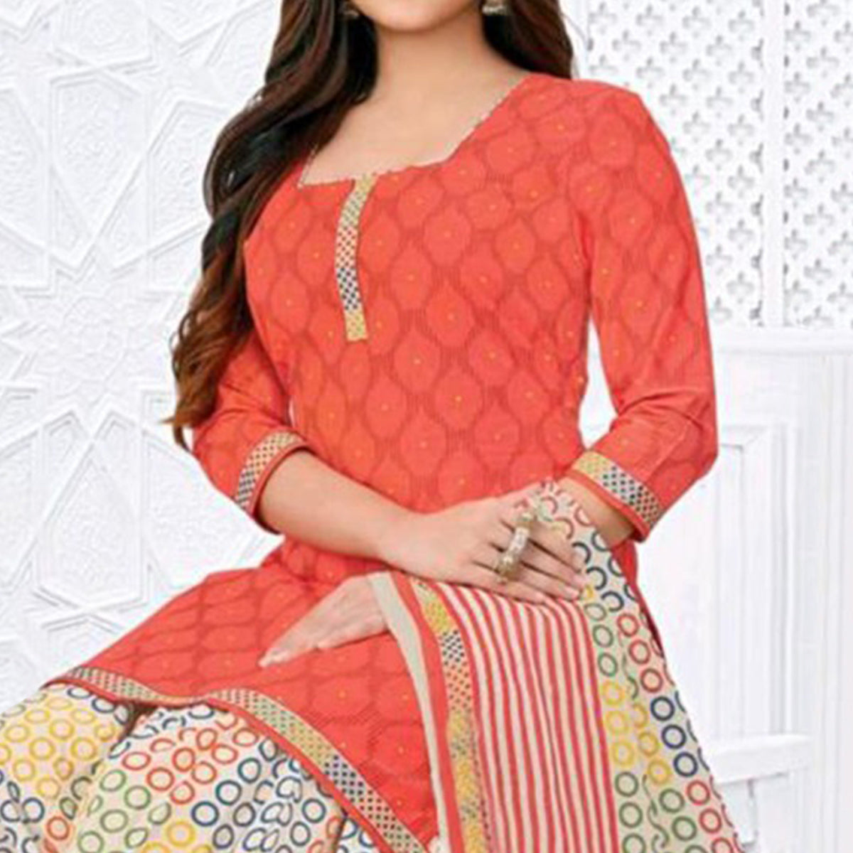 Peach Printed Crepe Patiala Dress Material