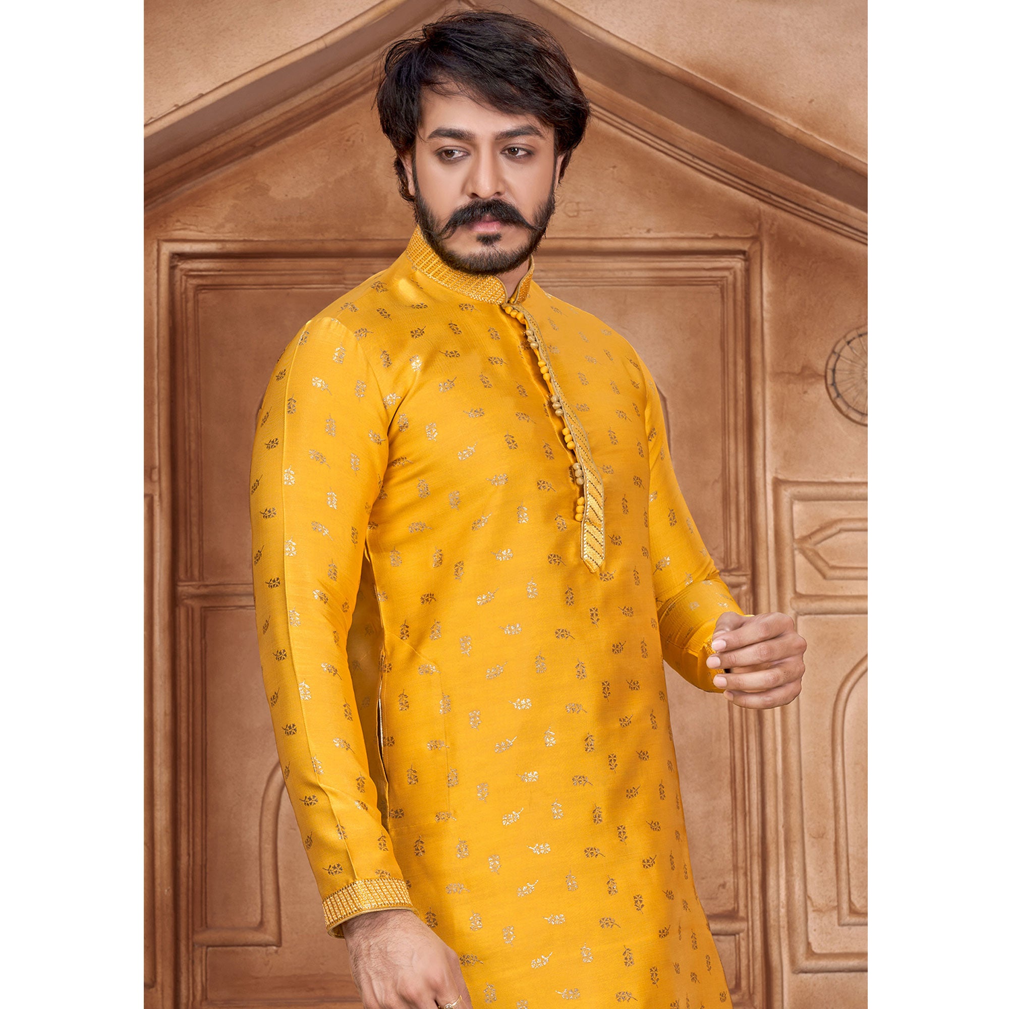 Yellow Woven Jacquard Kurta Pyjama Set