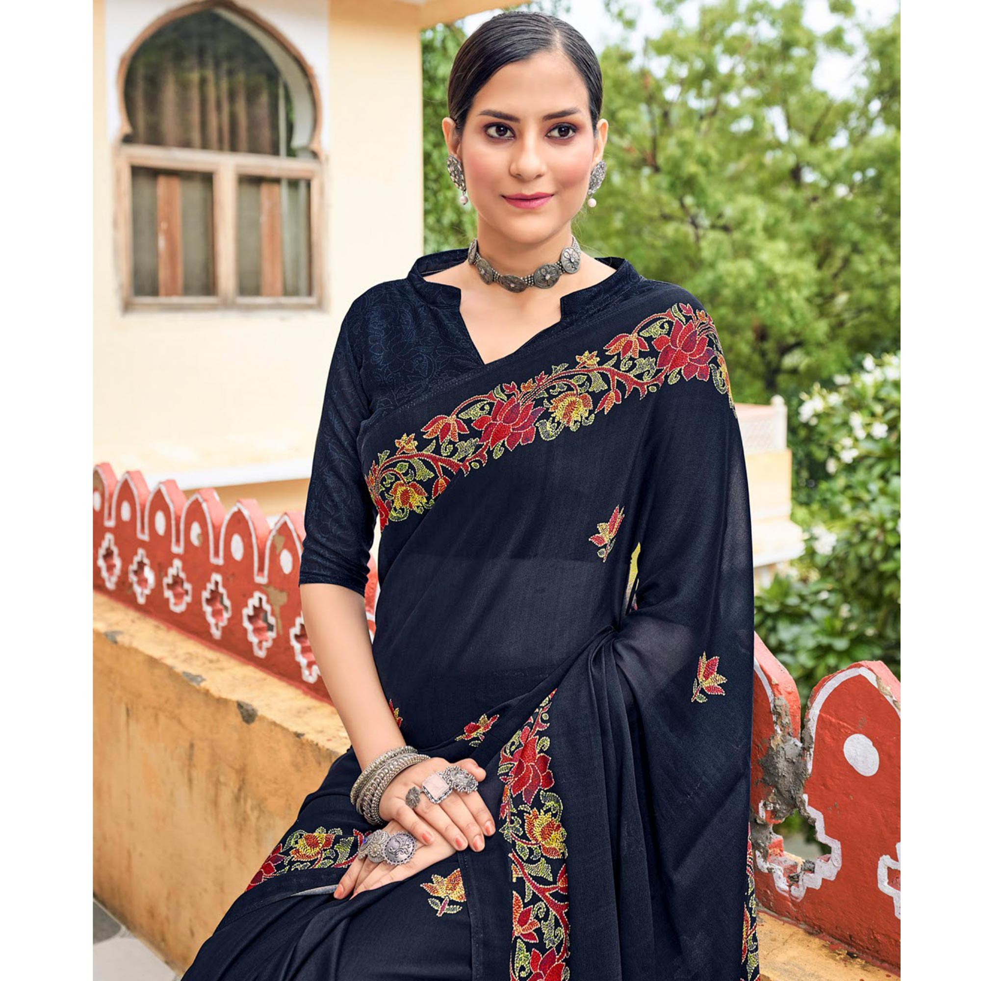 Black Floral Printed Georgette Saree