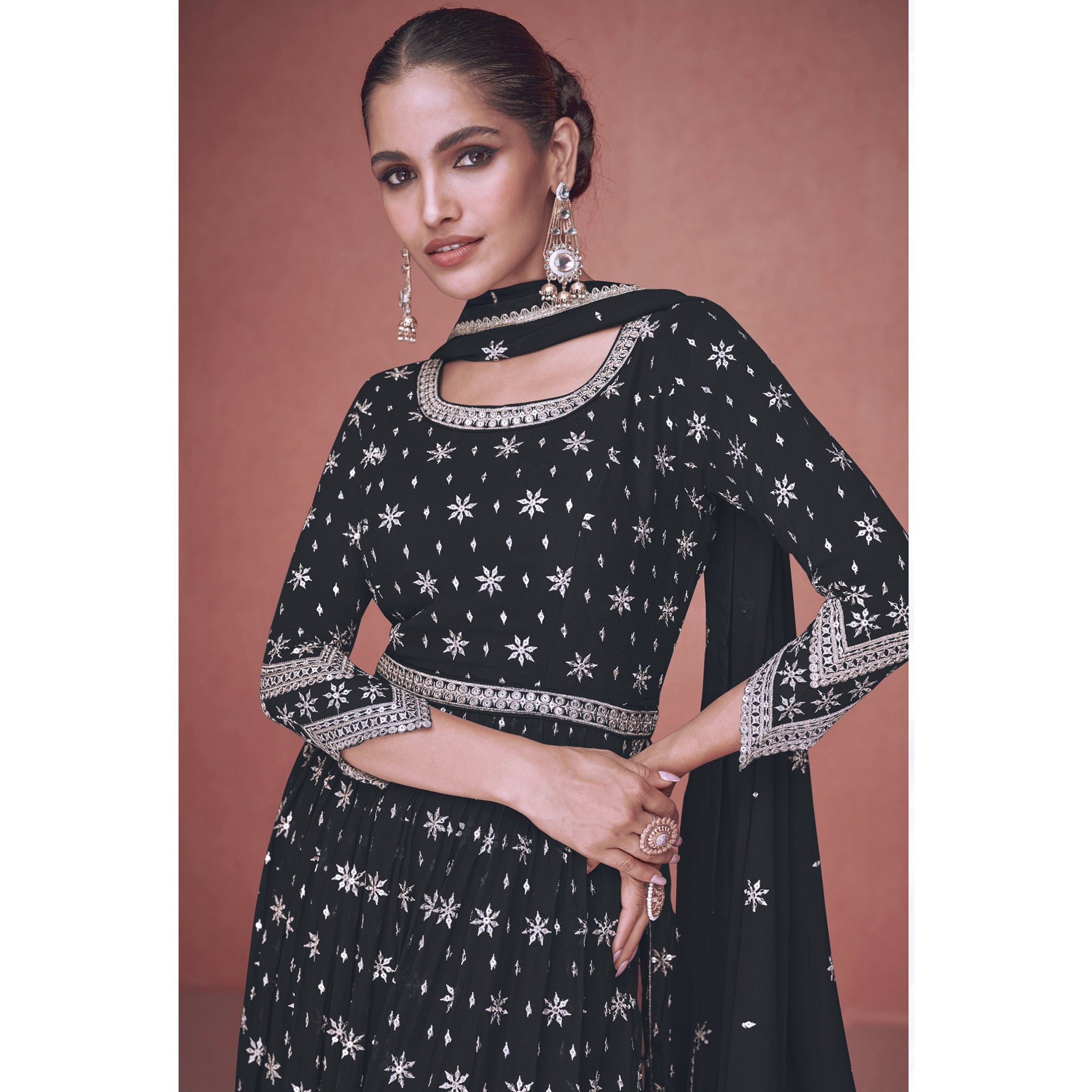 Black Sequins Embroidered Georgette Semi Stitched Naira Cut Suit