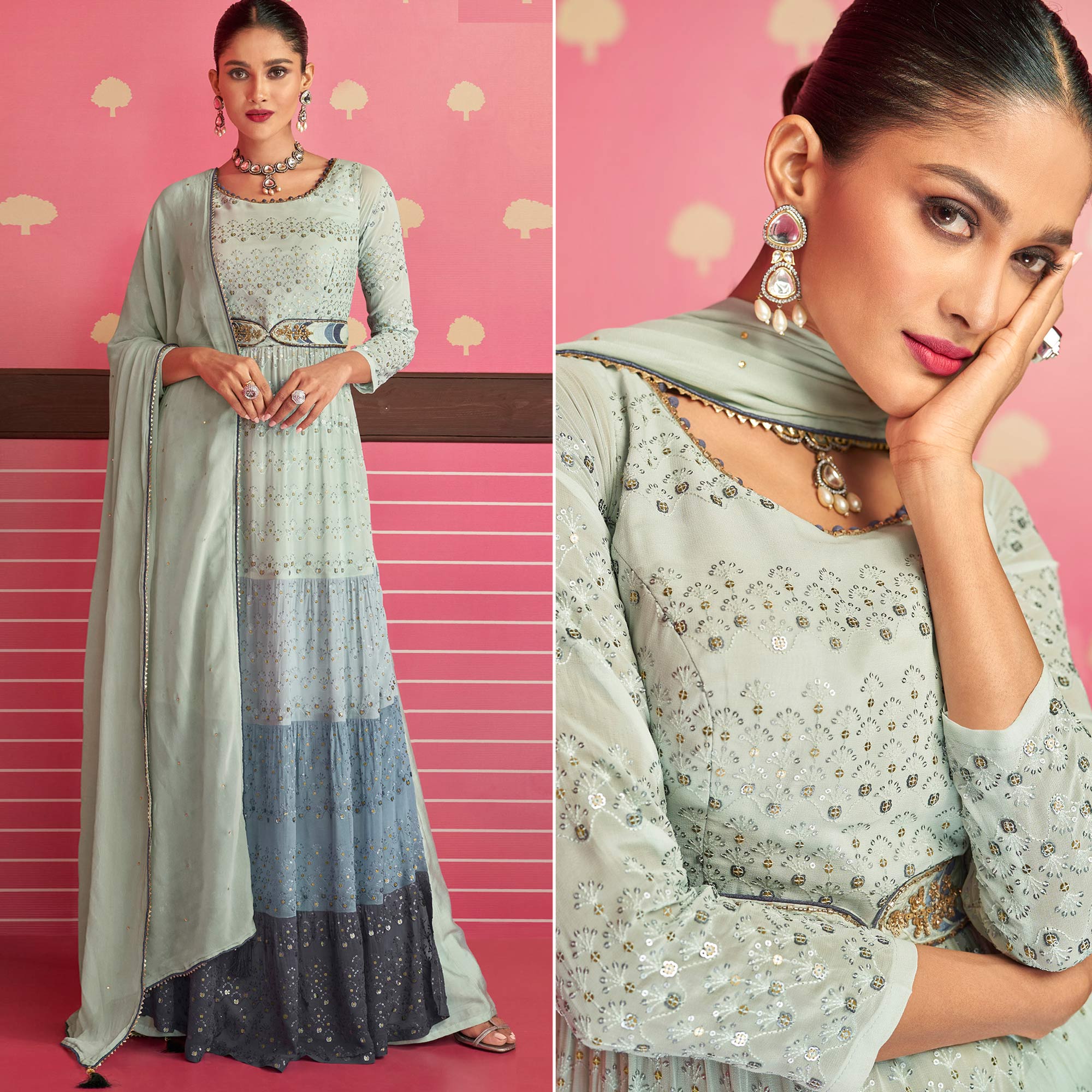 Grey Sequins Embroidered Georgette Naira Cut Suit