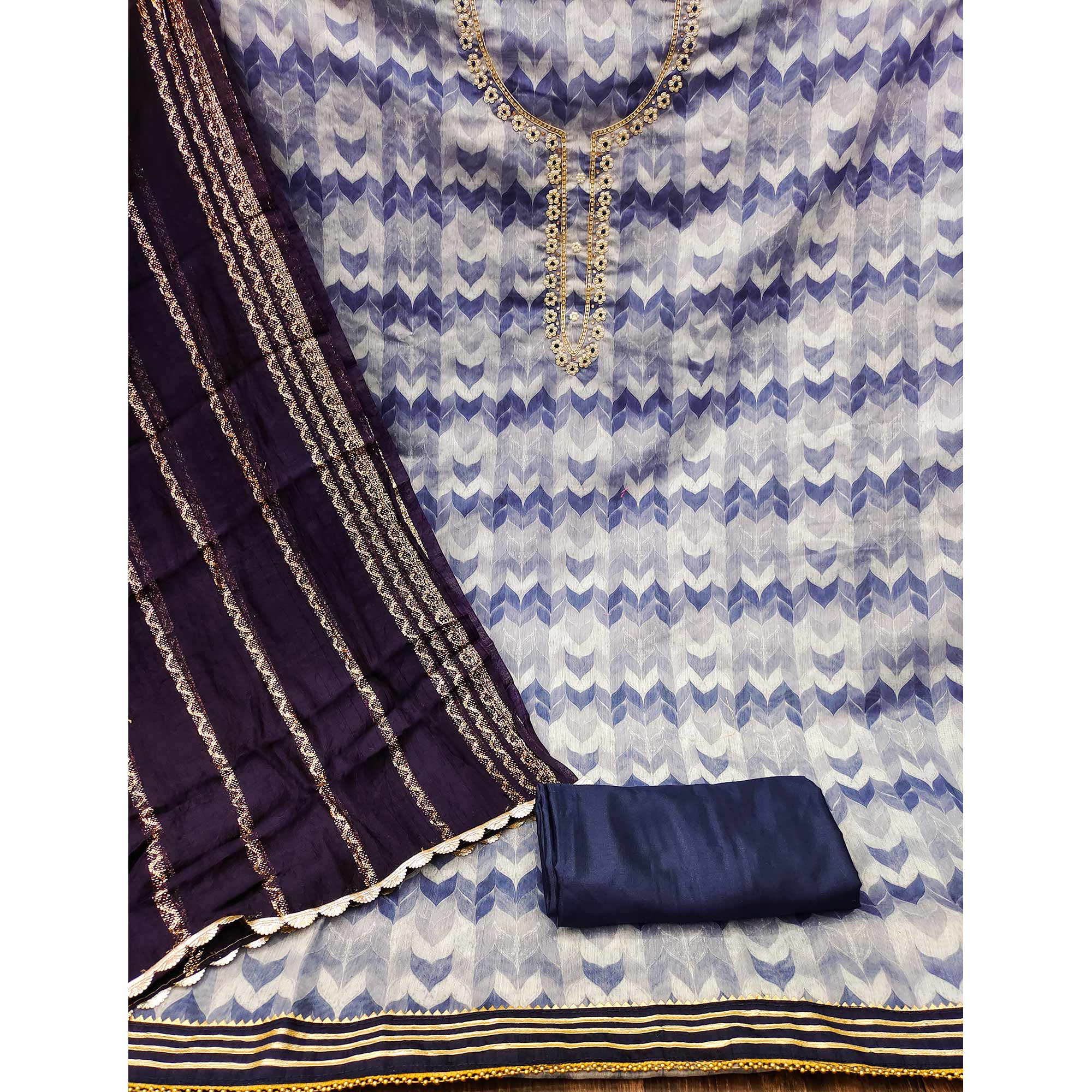 Blue Printed With Handwork Modal Dress Material