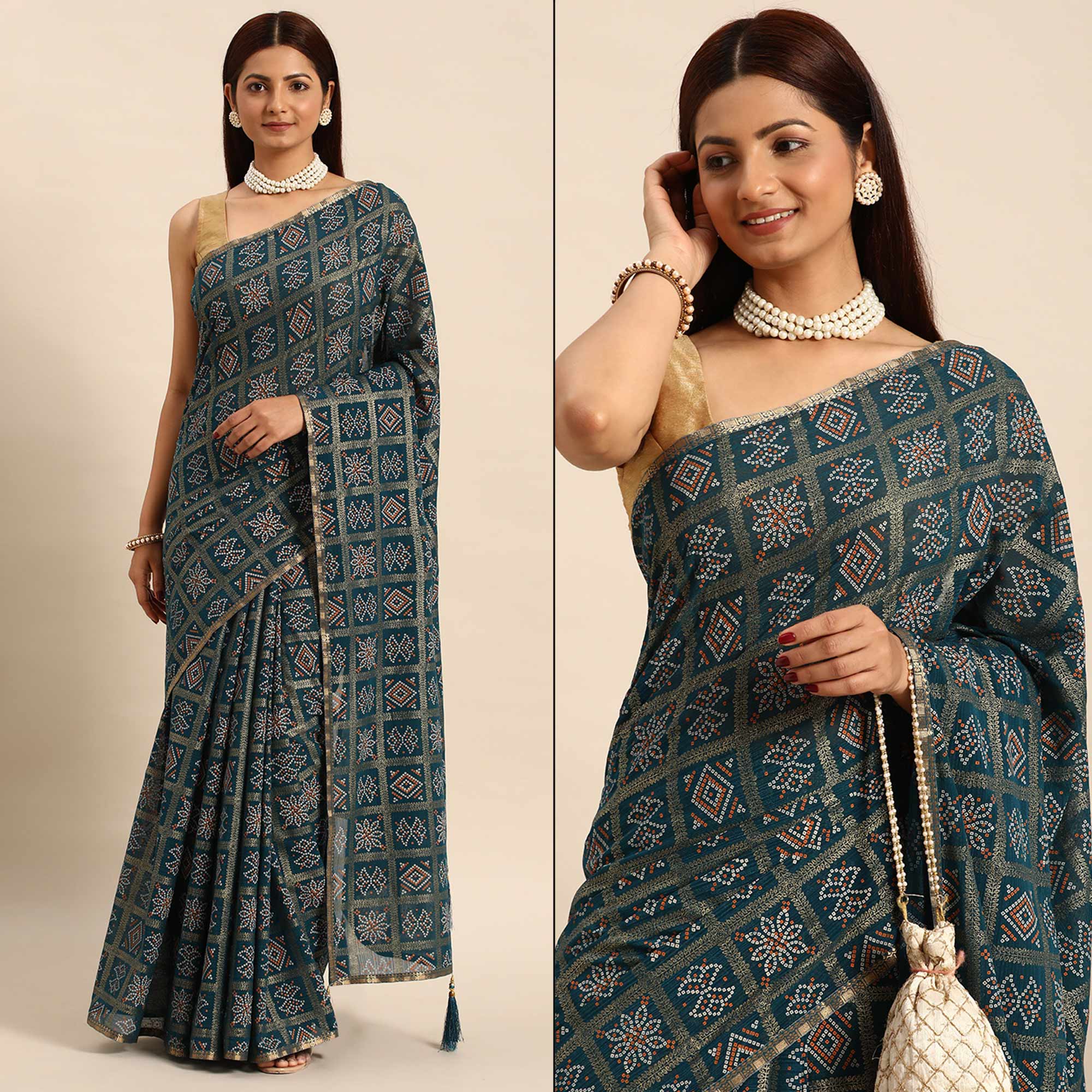 Blue Bandhani Foil Printed Zomato Saree With Tassels