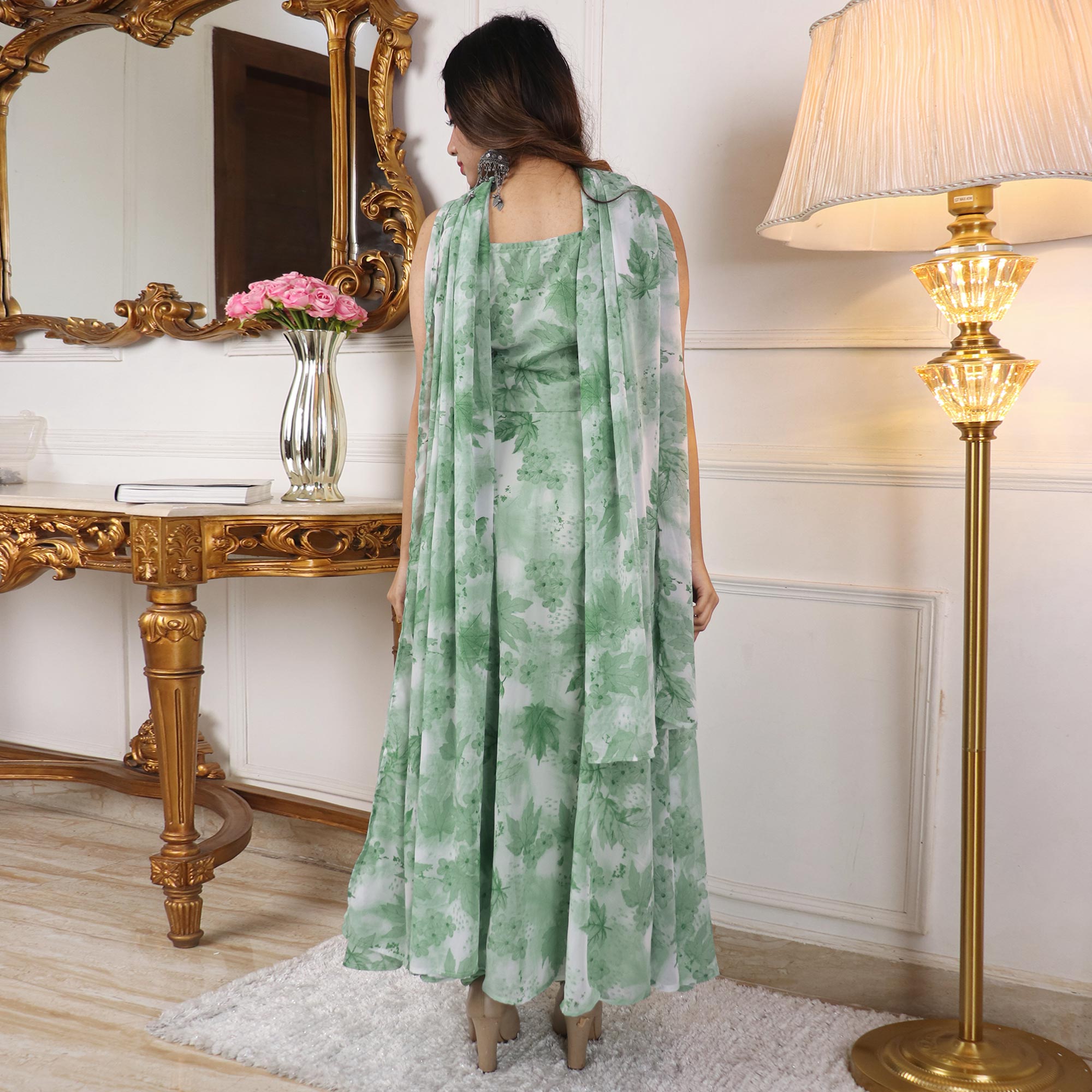 Green Floral Printed Georgette Anarkali Suit