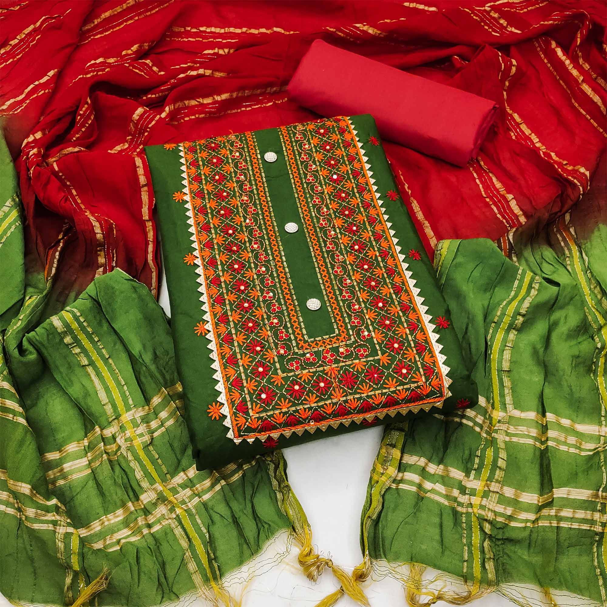 Green Floral Embroidered Cotton Blend Dress Material