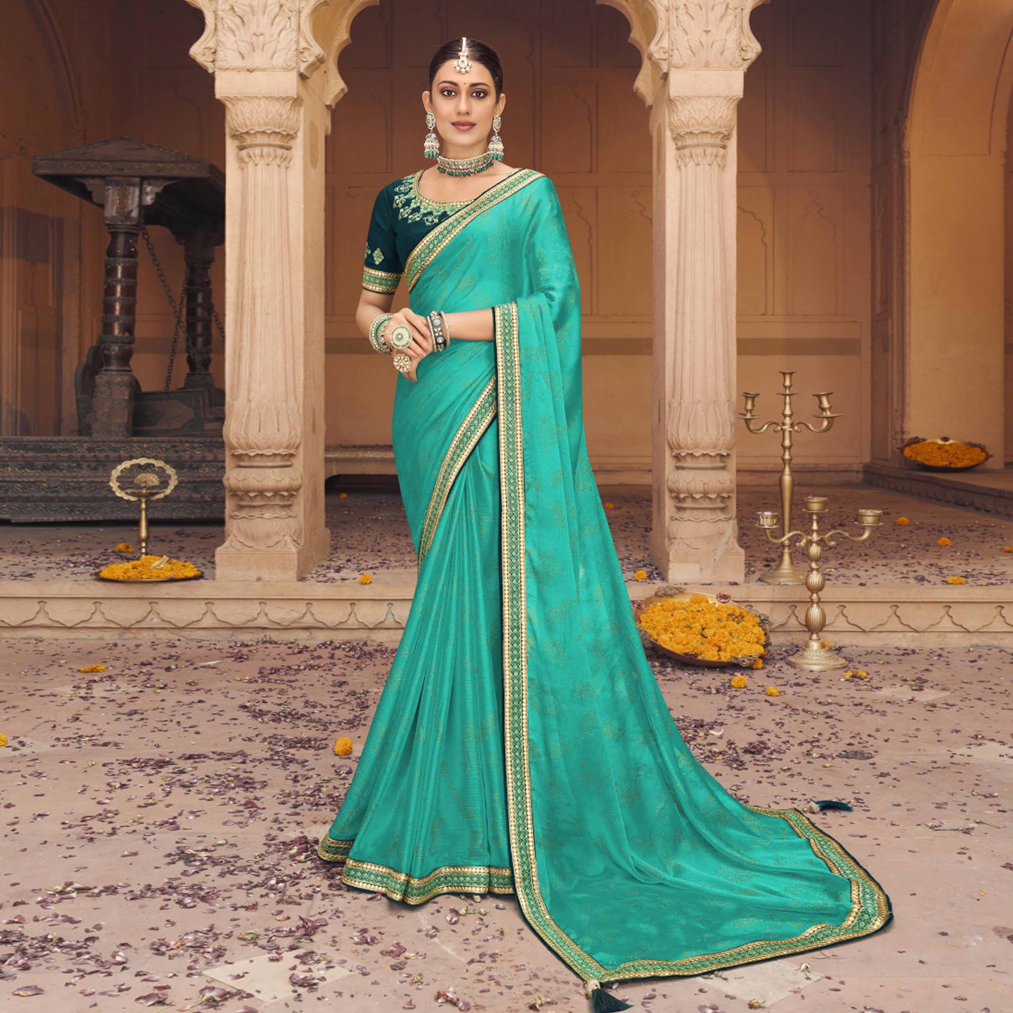 Sea Green Embellished With Embroidered Border Satin Saree