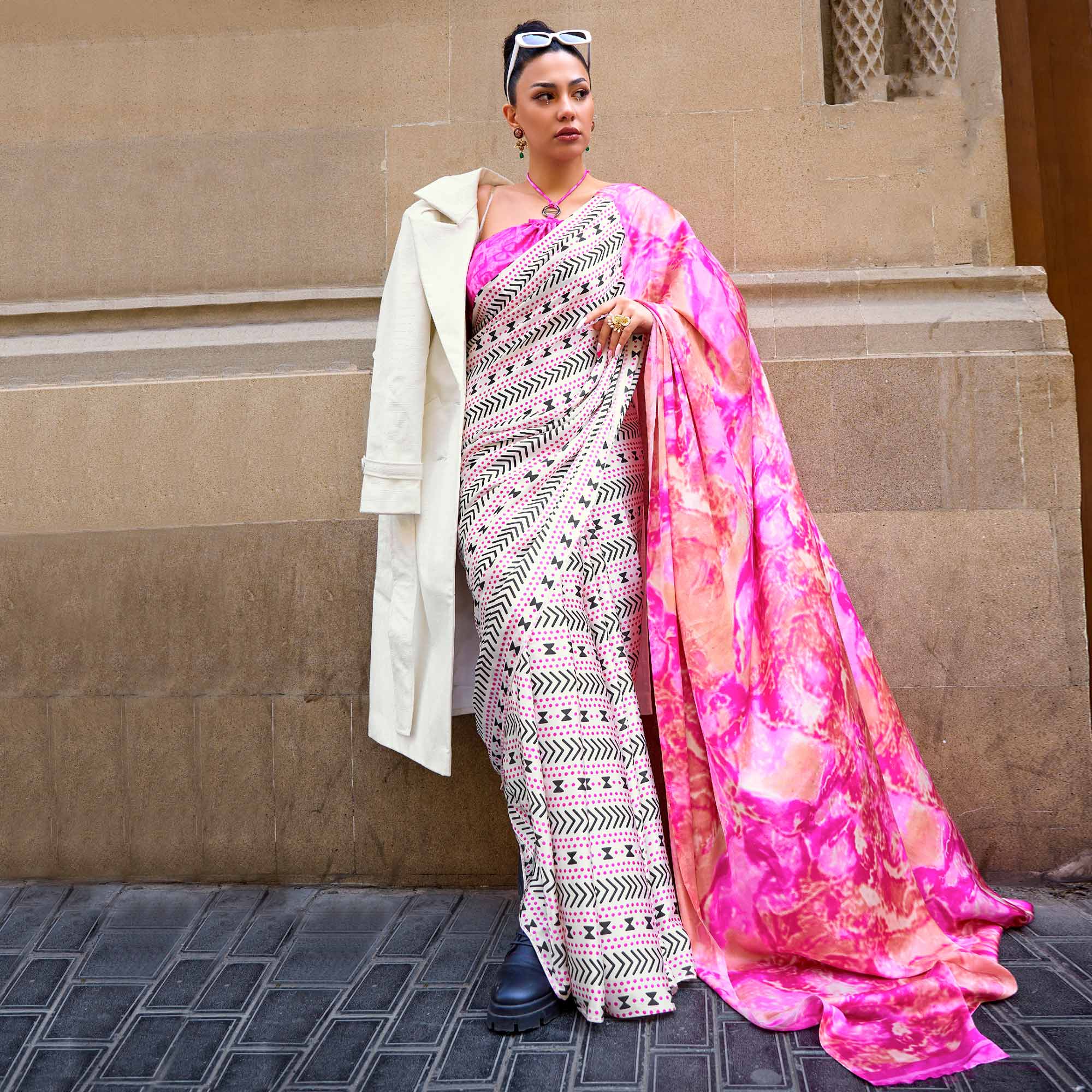 White Pink Printed Crepe Saree