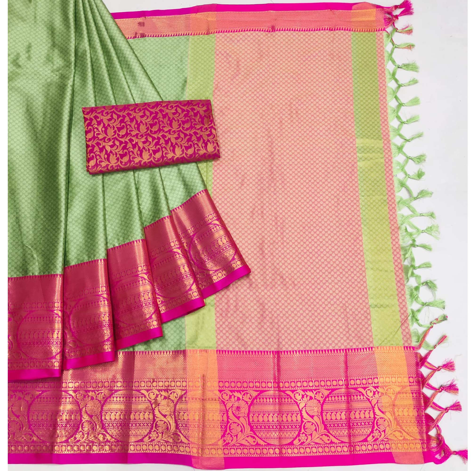 Pista Green Woven Cotton Silk Saree With Tassels