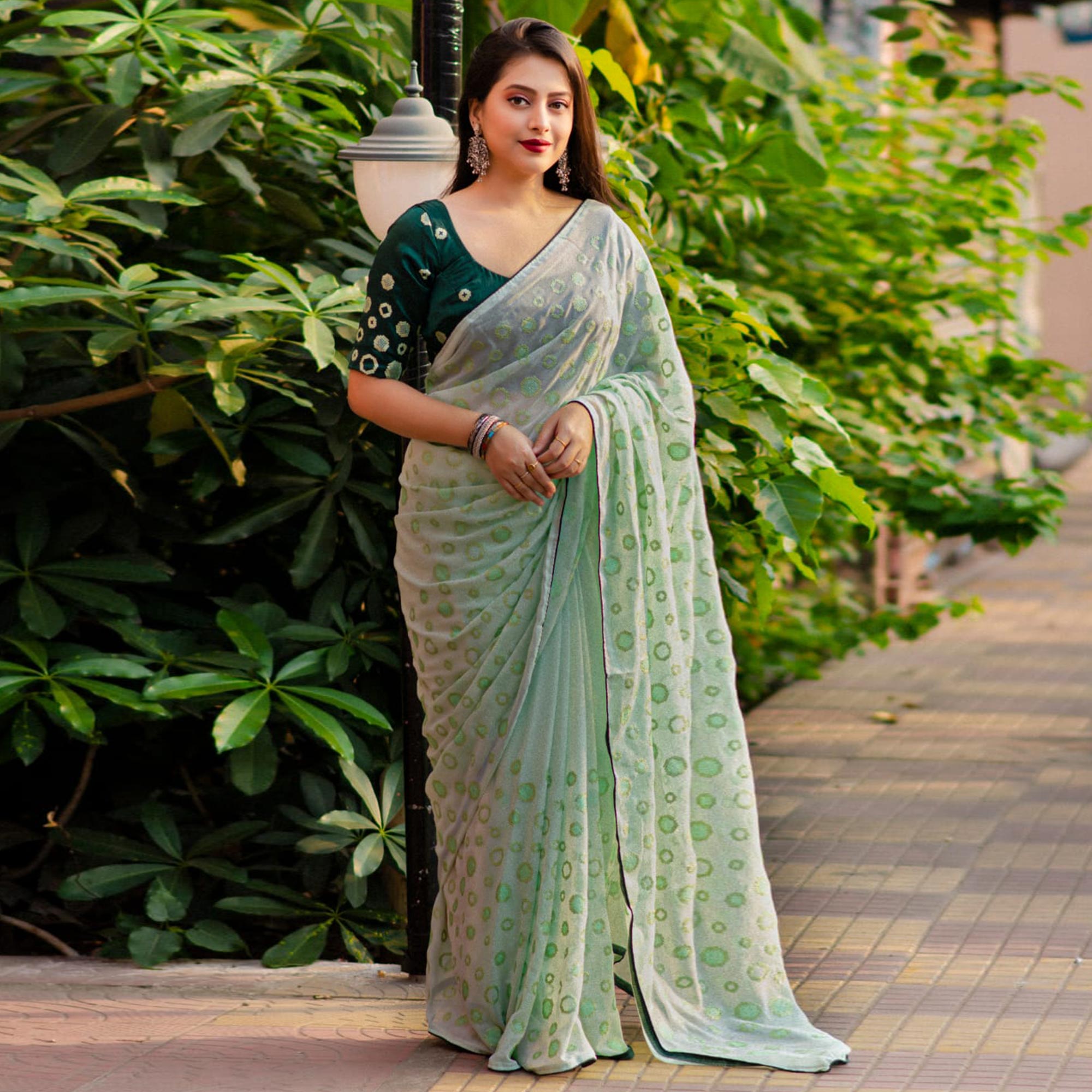 Pista Green Sequins Work Georgette Saree