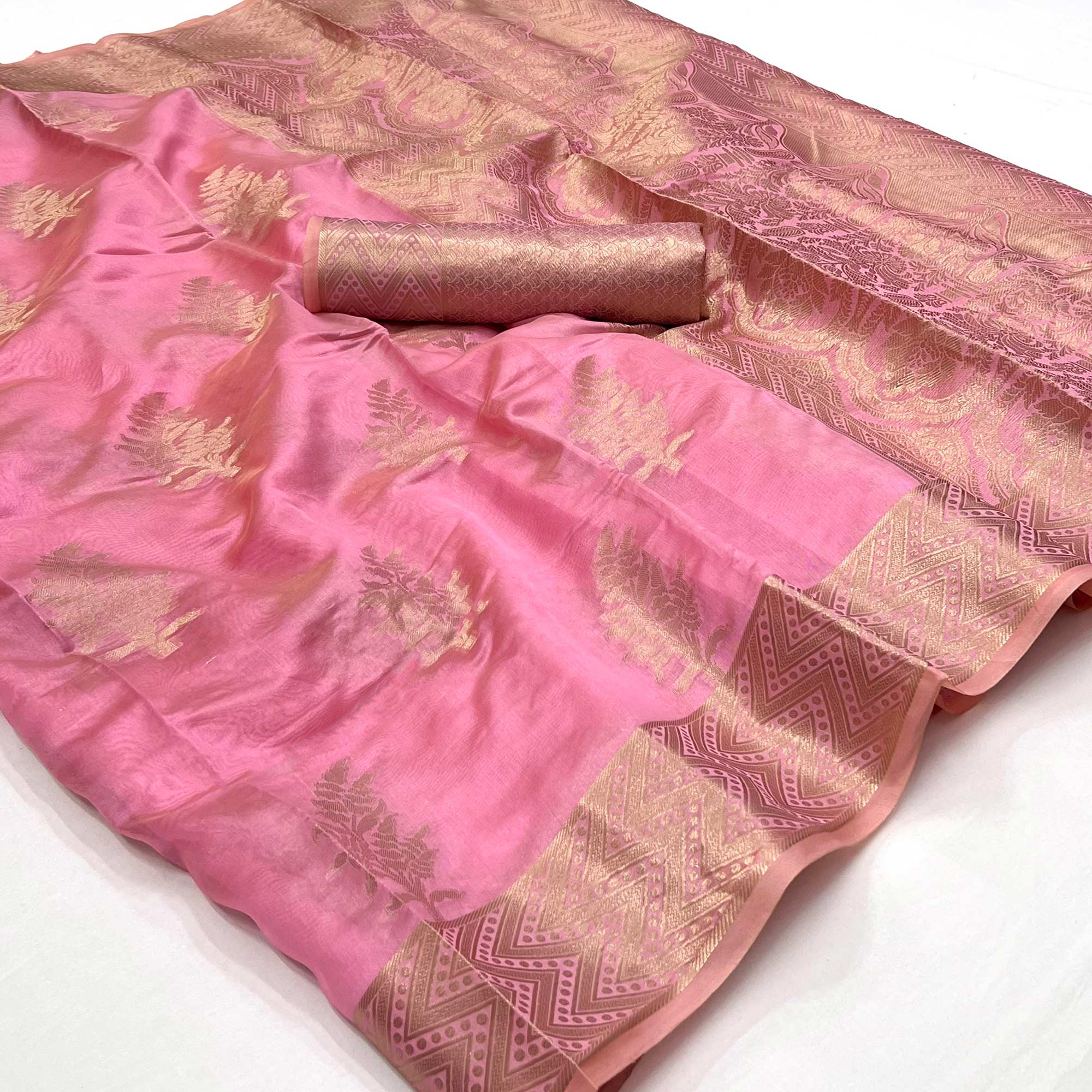 Pink Floral Woven Organza Saree