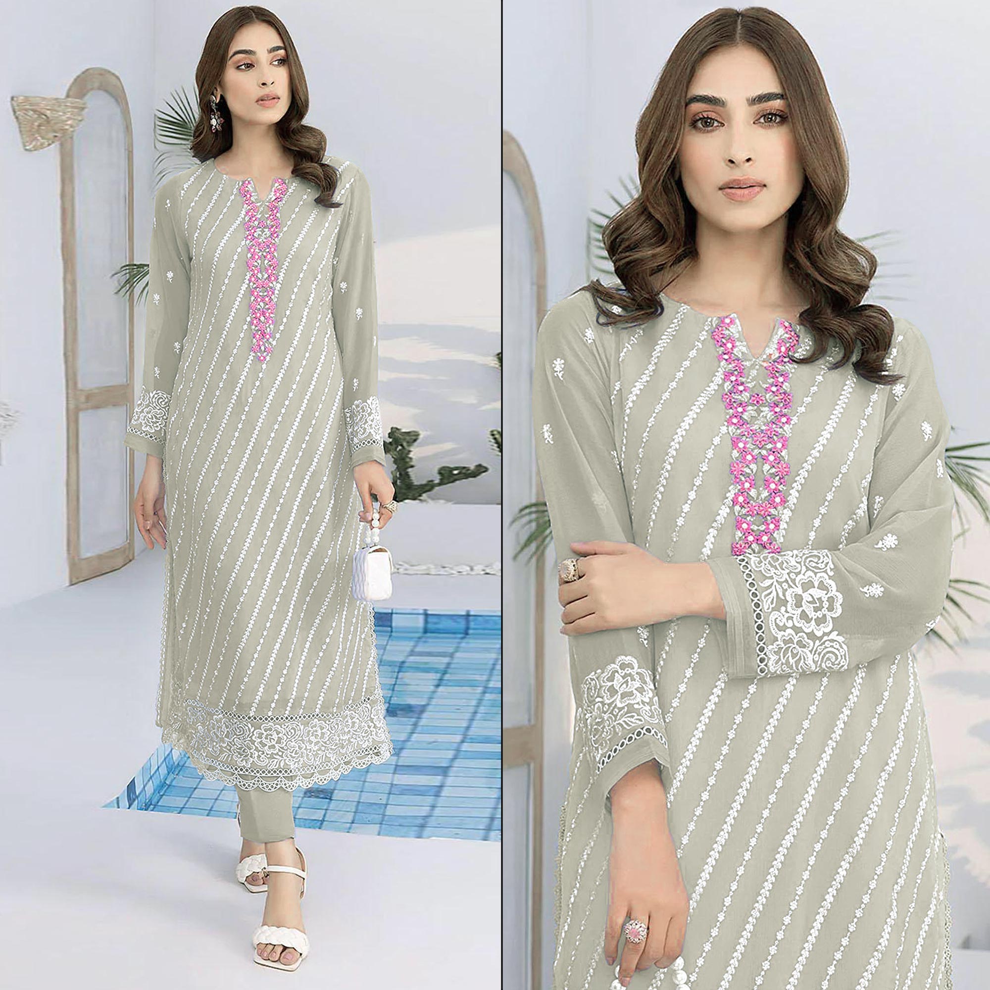 Fog Green Floral Embroidered Georgette Suit