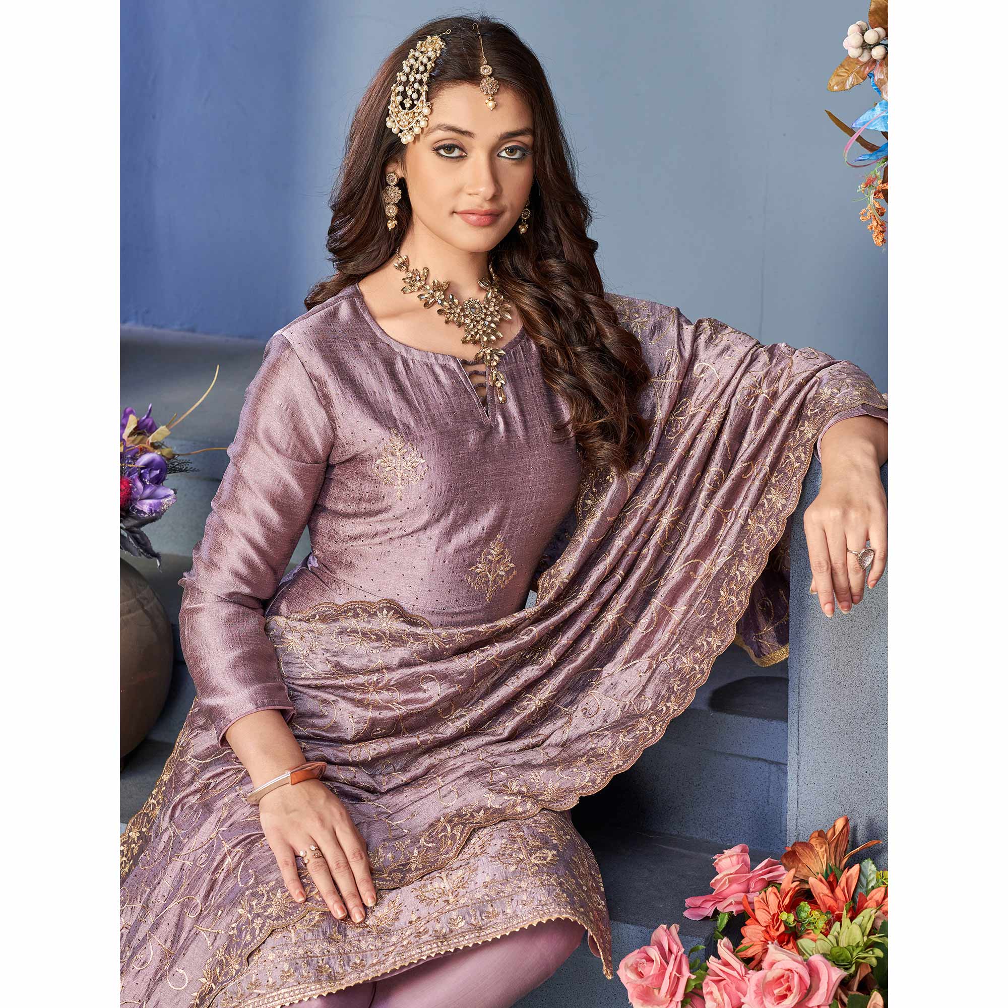 Purple Sequins Embroidered Vichitra Silk Suit