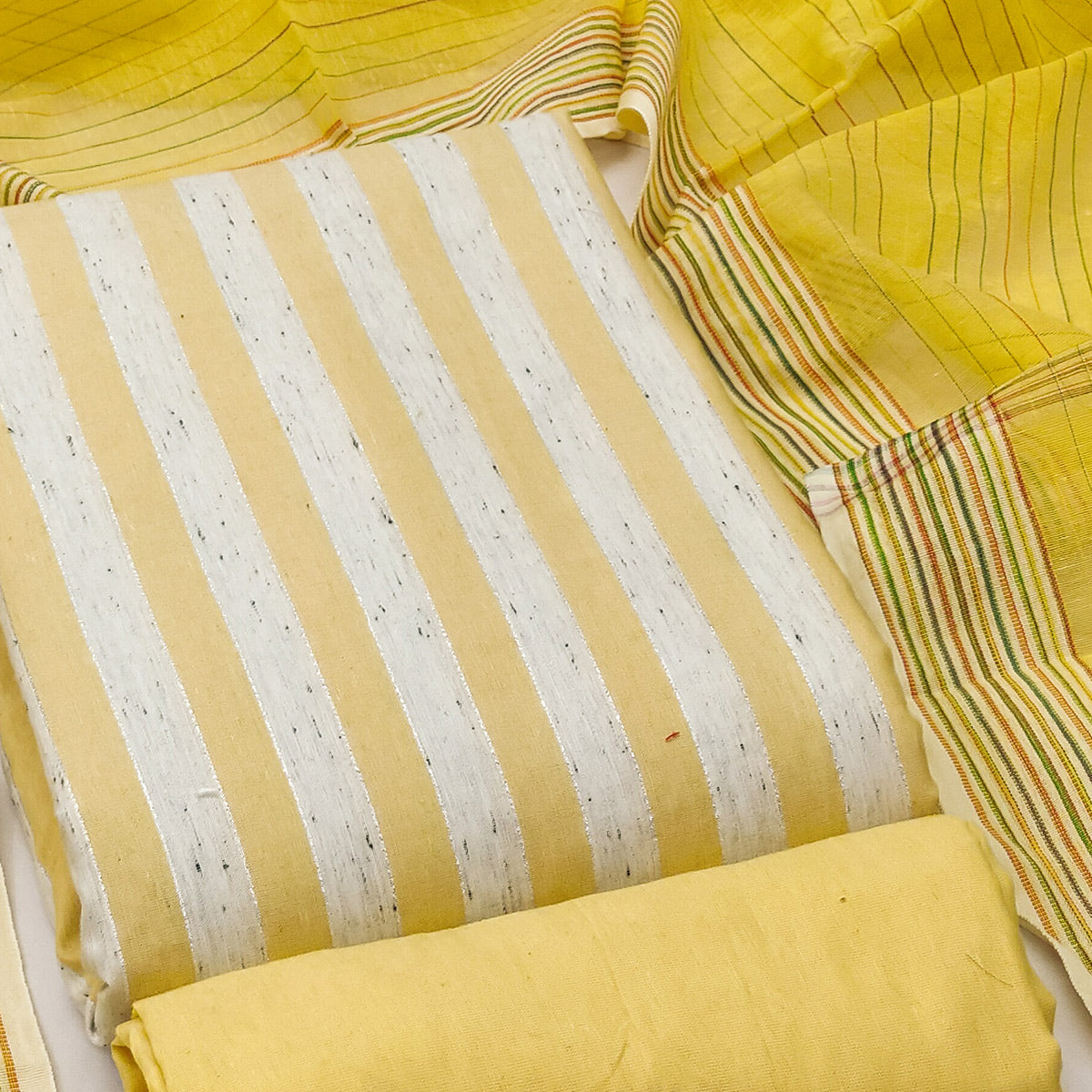 Yellow Striped Printed With Woven Cotton Blend Dress Material