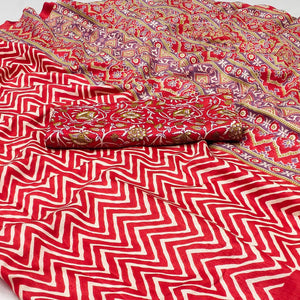 Red Striped Printed Art Silk Saree